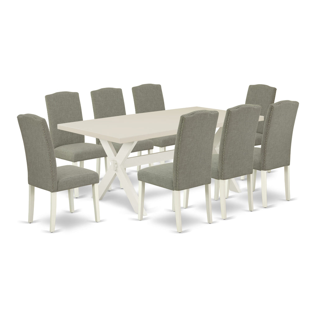 East West Furniture X027EN206-9 9 Piece Dining Table Set Includes a Rectangle Dining Room Table with X-Legs and 8 Dark Shitake Linen Fabric Upholstered Chairs, 40x72 Inch, Multi-Color