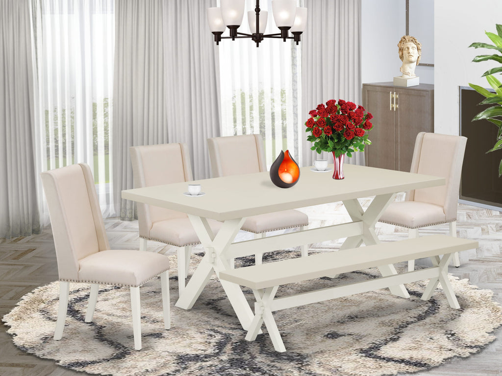 East West Furniture X027FL201-6 6 Piece Kitchen Table Set Contains a Rectangle Dining Table with X-Legs and 4 Cream Linen Fabric Parson Chairs with a Bench, 40x72 Inch, Multi-Color