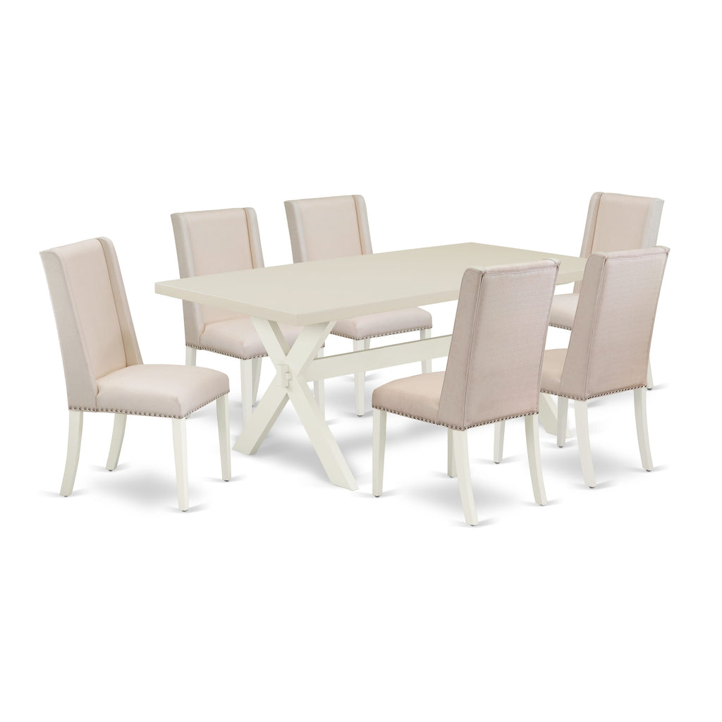 East West Furniture X027FL201-7 7 Piece Modern Dining Table Set Consist of a Rectangle Dining Room Table with X-Legs and 6 Cream Linen Fabric Upholstered Chairs, 40x72 Inch, Multi-Color