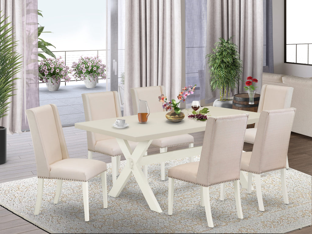 East West Furniture X027FL201-7 7 Piece Modern Dining Table Set Consist of a Rectangle Dining Room Table with X-Legs and 6 Cream Linen Fabric Upholstered Chairs, 40x72 Inch, Multi-Color