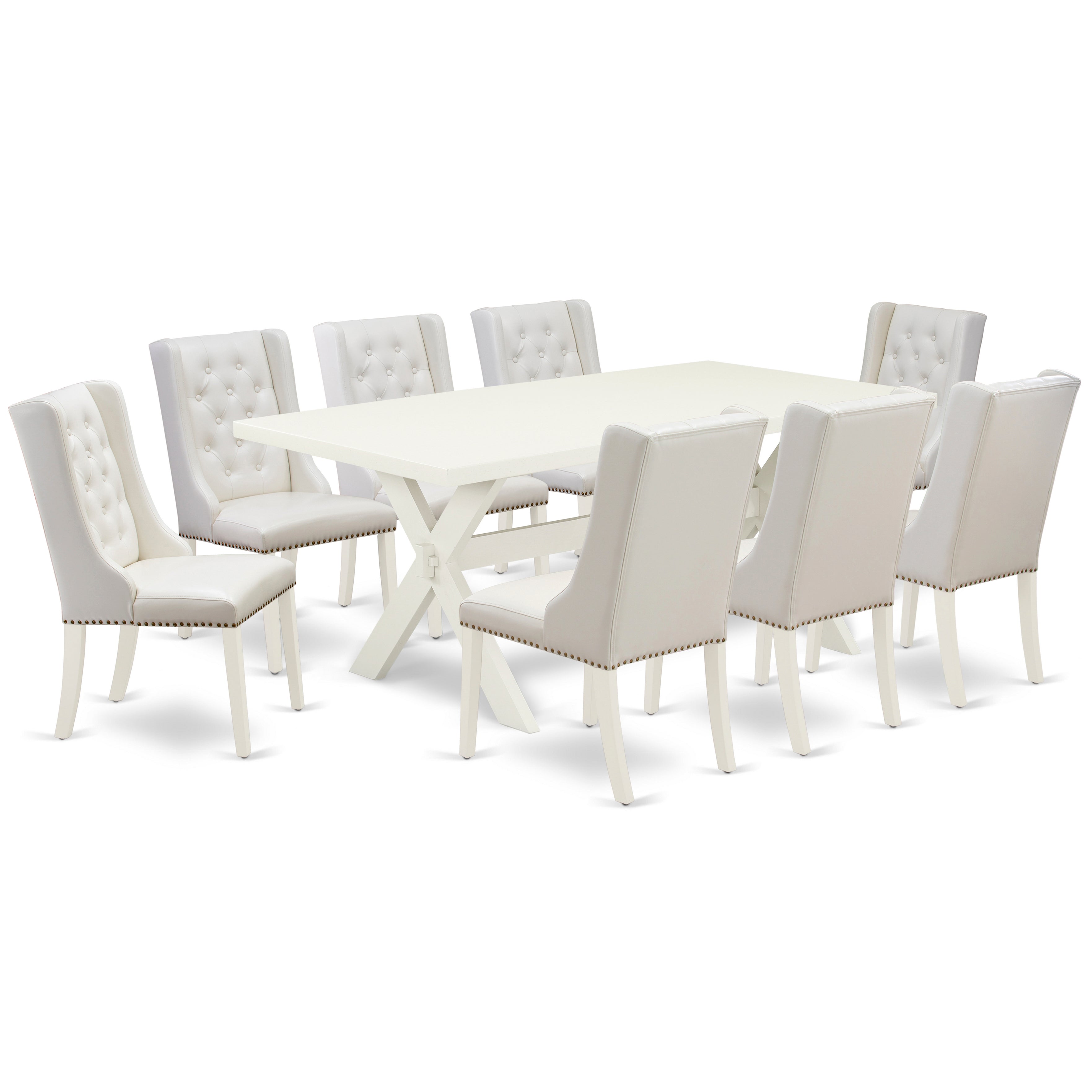 East West Furniture X027FO244-9 9-Piece Kitchen Table Set Consists of 8 Linen white Pu faux Leather Dining Room Chairs Button Tufted with Nail Heads and Kitchen Table - linen white Finish