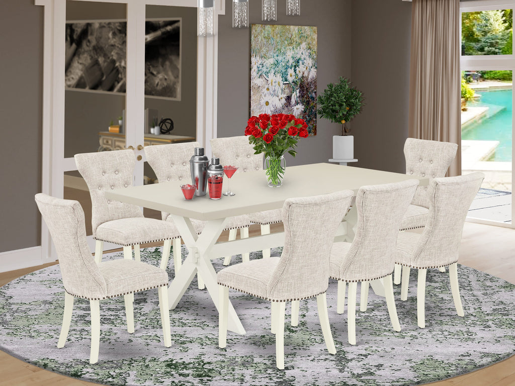 East West Furniture X027GA235-9 9 Piece Dining Set Includes a Rectangle Dining Room Table with X-Legs and 8 Doeskin Linen Fabric Upholstered Parson Chairs, 40x72 Inch, Multi-Color