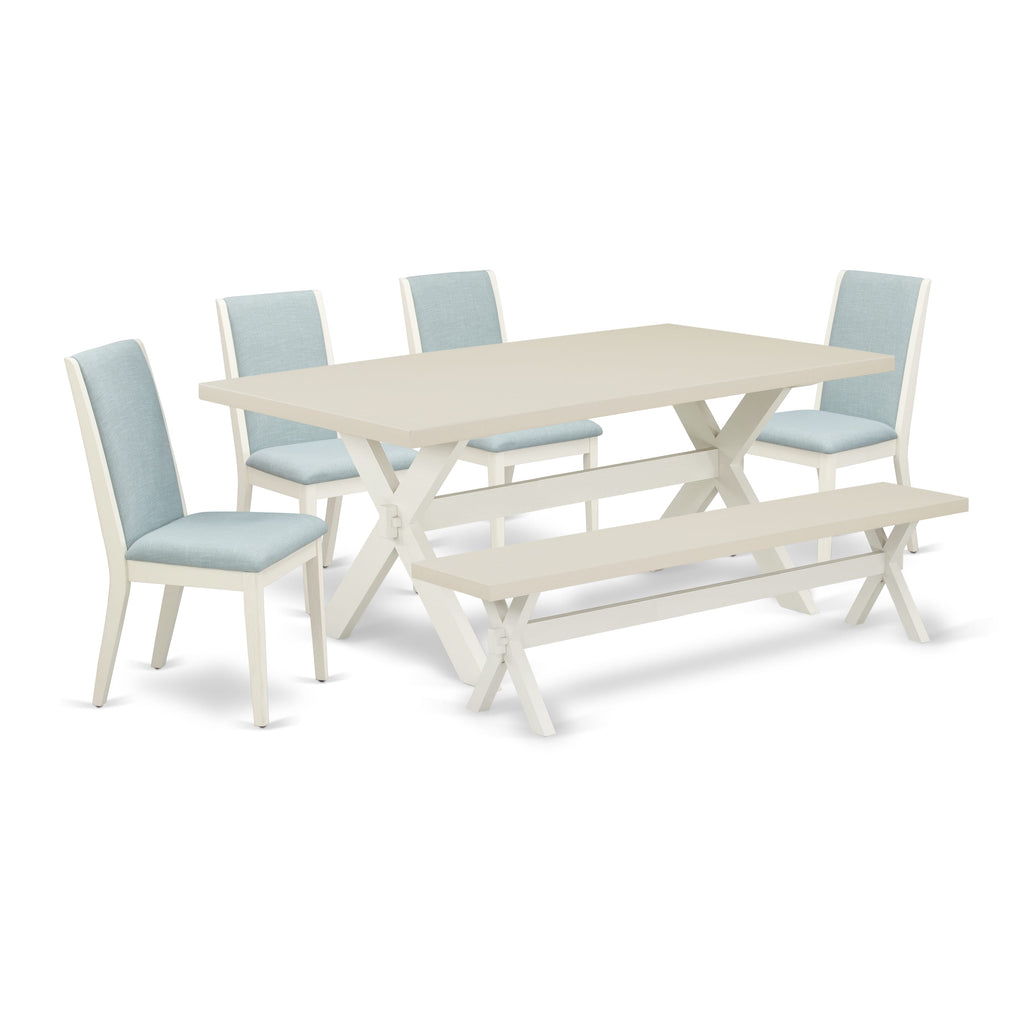 East West Furniture X027LA015-6 6 Piece Dining Table Set Contains a Rectangle Dining Room Table and 4 Baby Blue Linen Fabric Parson Chairs with a Bench, 40x72 Inch, Multi-Color
