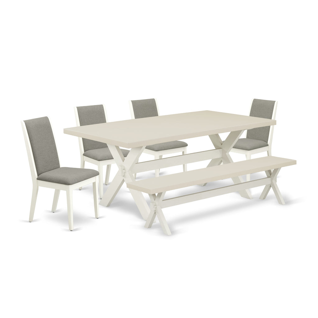 East West Furniture X027LA206-6 6 Piece Dining Set Contains a Rectangle Dining Room Table with X-Legs and 4 Shitake Linen Fabric Parson Chairs with a Bench, 40x72 Inch, Multi-Color
