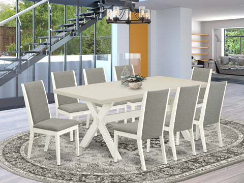 East West Furniture X027LA206-9 9 Piece Dining Room Table Set Includes a Rectangle Dining Table with X-Legs and 8 Shitake Linen Fabric Upholstered Chairs, 40x72 Inch, Multi-Color