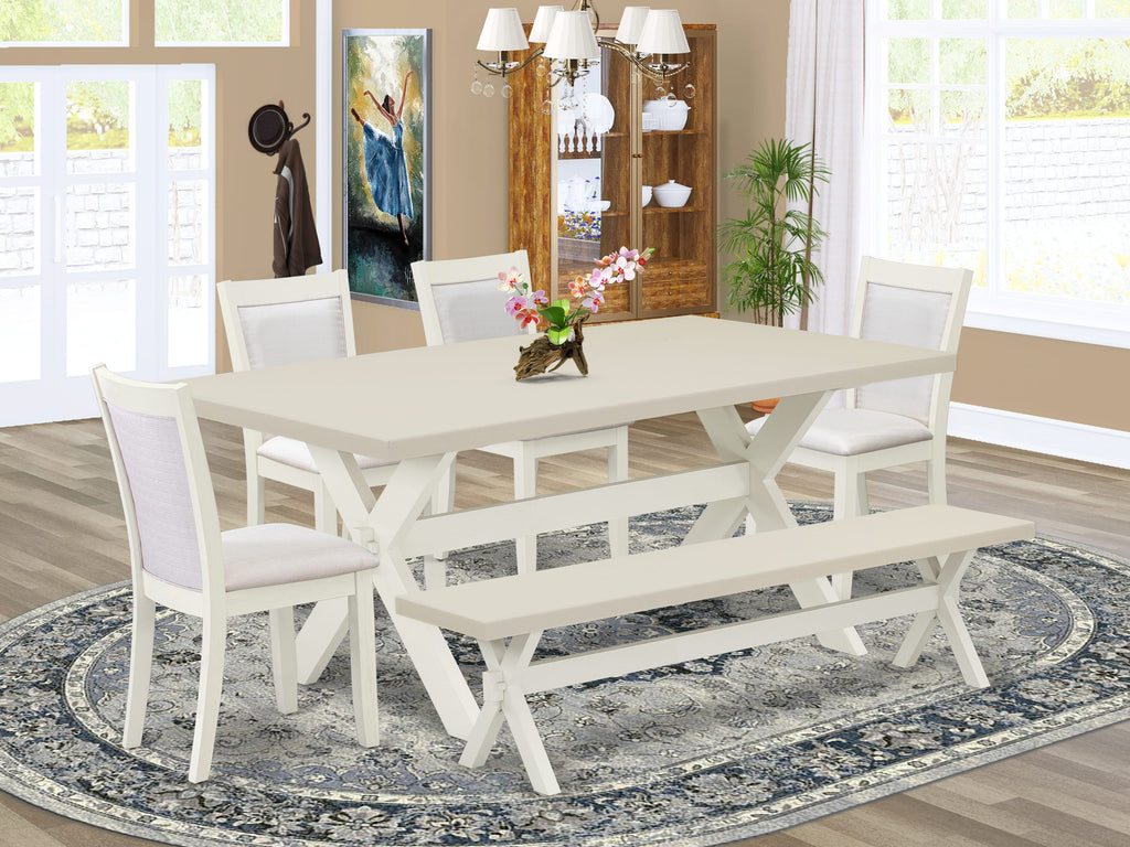 East West Furniture X027MZ001-6 6 Piece Kitchen Table Set Contains a Rectangle Dining Table with X-Legs and 4 Cream Linen Fabric Upholstered Chairs with a Bench, 40x72 Inch, Multi-Color