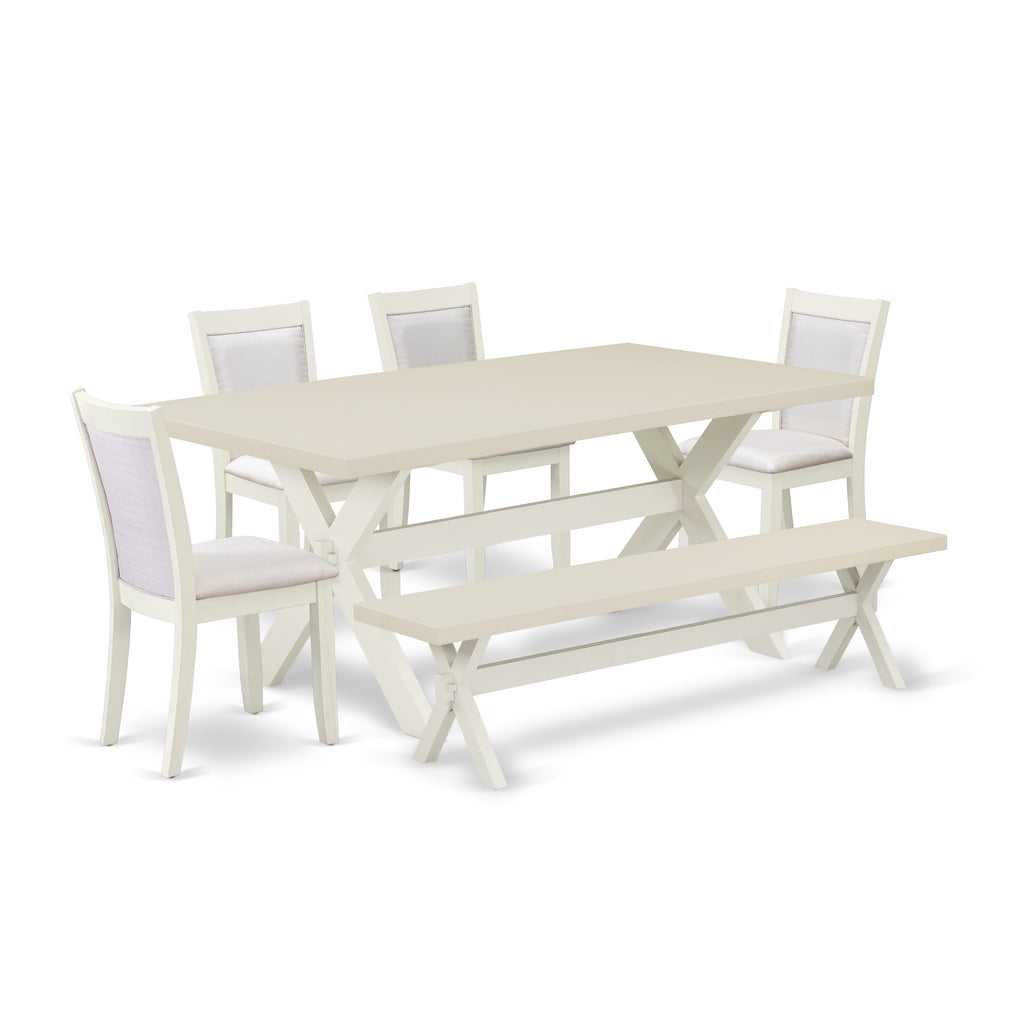 East West Furniture X027MZ001-6 6 Piece Kitchen Table Set Contains a Rectangle Dining Table with X-Legs and 4 Cream Linen Fabric Upholstered Chairs with a Bench, 40x72 Inch, Multi-Color