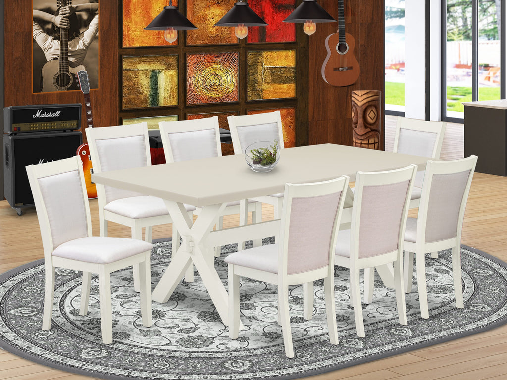 East West Furniture X027MZ001-9 9 Piece Modern Dining Table Set Includes a Rectangle Wooden Table with X-Legs and 8 Cream Linen Fabric Upholstered Chairs, 40x72 Inch, Multi-Color