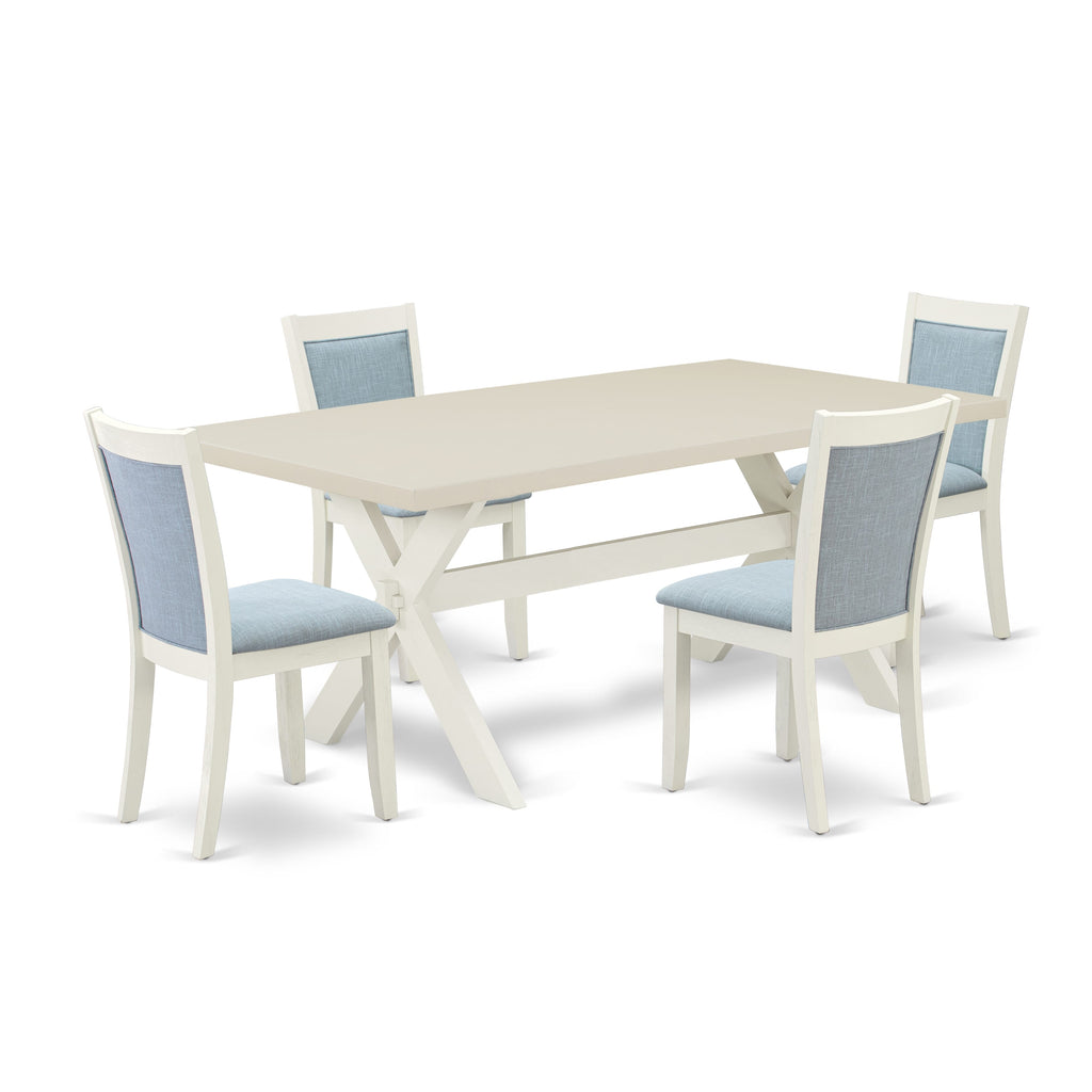 East West Furniture X027MZ015-5 5 Piece Kitchen Table & Chairs Set Includes a Rectangle Dining Table with X-Legs and 4 Baby Blue Linen Fabric Parson Chairs, 40x72 Inch, Multi-Color