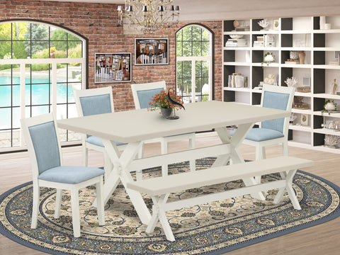 East West Furniture X027MZ015-6 6 Piece Kitchen Table Set Contains a Rectangle Dining Table with X-Legs and 4 Baby Blue Linen Fabric Parson Chairs with a Bench, 40x72 Inch, Multi-Color