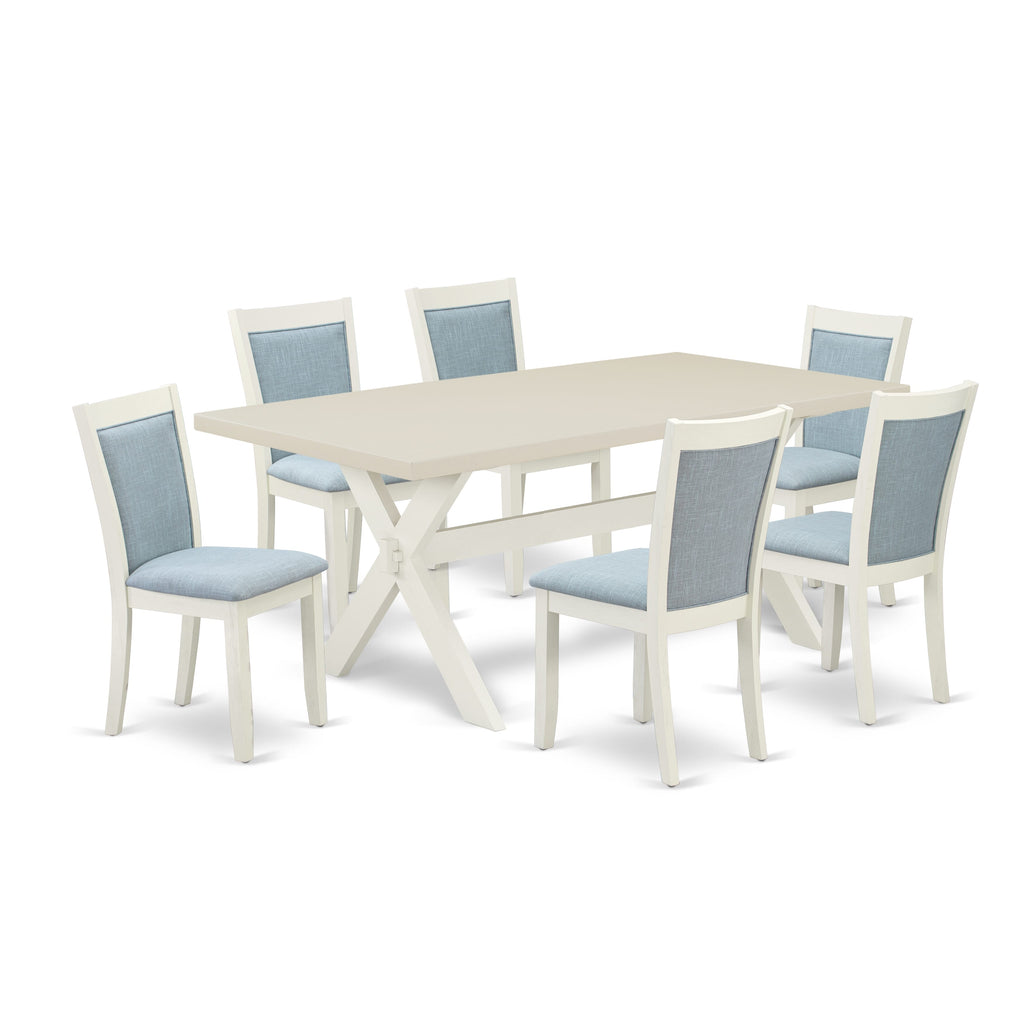East West Furniture X027MZ015-7 7 Piece Dining Set Consist of a Rectangle Dining Room Table with X-Legs and 6 Baby Blue Linen Fabric Upholstered Parson Chairs, 40x72 Inch, Multi-Color