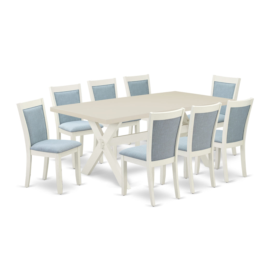East West Furniture X027MZ015-9 9 Piece Dining Table Set Includes a Rectangle Dining Room Table with X-Legs and 8 Baby Blue Linen Fabric Upholstered Chairs, 40x72 Inch, Multi-Color