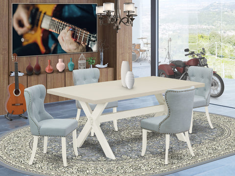 East West Furniture X027SI215-5 5 Piece Dining Room Table Set Includes a Rectangle Dining Table with X-Legs and 4 Baby Blue Linen Fabric Upholstered Parson Chairs, 40x72 Inch, Multi-Color