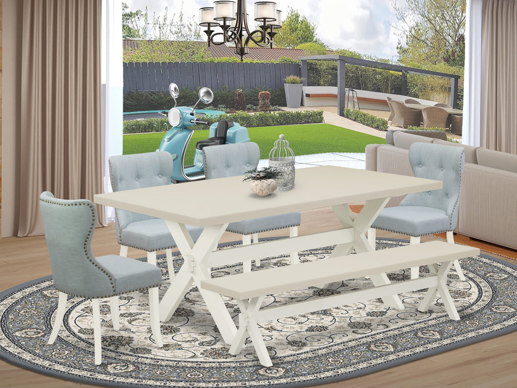 East West Furniture X027SI215-6 6 Piece Kitchen Table Set Contains a Rectangle Dining Table with X-Legs and 4 Baby Blue Linen Fabric Upholstered Chairs with a Bench, 40x72 Inch, Multi-Color