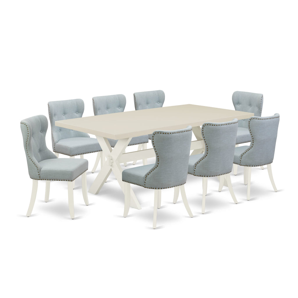 East West Furniture X027SI215-9 9 Piece Dining Table Set Includes a Rectangle Dining Room Table with X-Legs and 8 Baby Blue Linen Fabric Upholstered Chairs, 40x72 Inch, Multi-Color