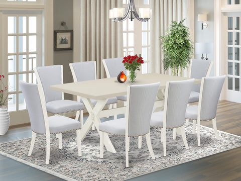 East West Furniture X027VE005-9 9 Piece Dining Room Table Set Includes a Rectangle Kitchen Table with X-Legs and 8 Grey Linen Fabric Parson Dining Chairs, 40x72 Inch, Multi-Color
