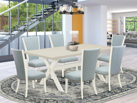 East West Furniture X027VE215-7 7 Piece Kitchen Table Set Consist of a Rectangle Dining Table with X-Legs and 6 Baby Blue Linen Fabric Parson Dining Chairs, 40x72 Inch, Multi-Color