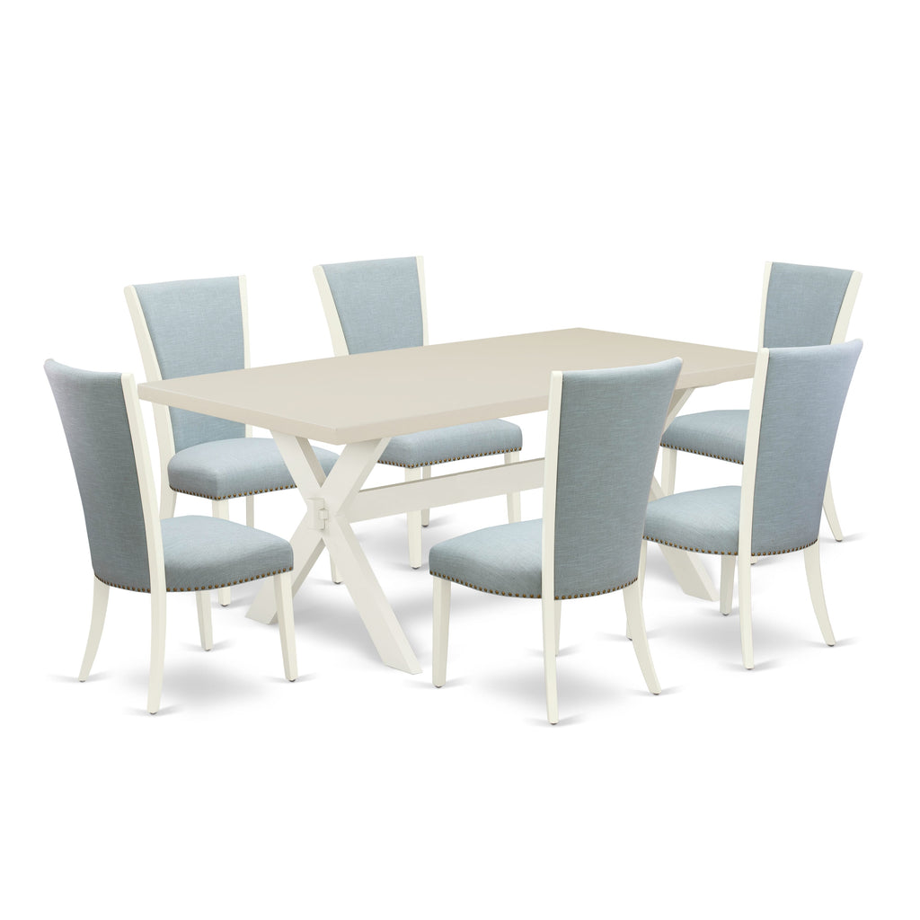 East West Furniture X027VE215-7 7 Piece Kitchen Table Set Consist of a Rectangle Dining Table with X-Legs and 6 Baby Blue Linen Fabric Parson Dining Chairs, 40x72 Inch, Multi-Color