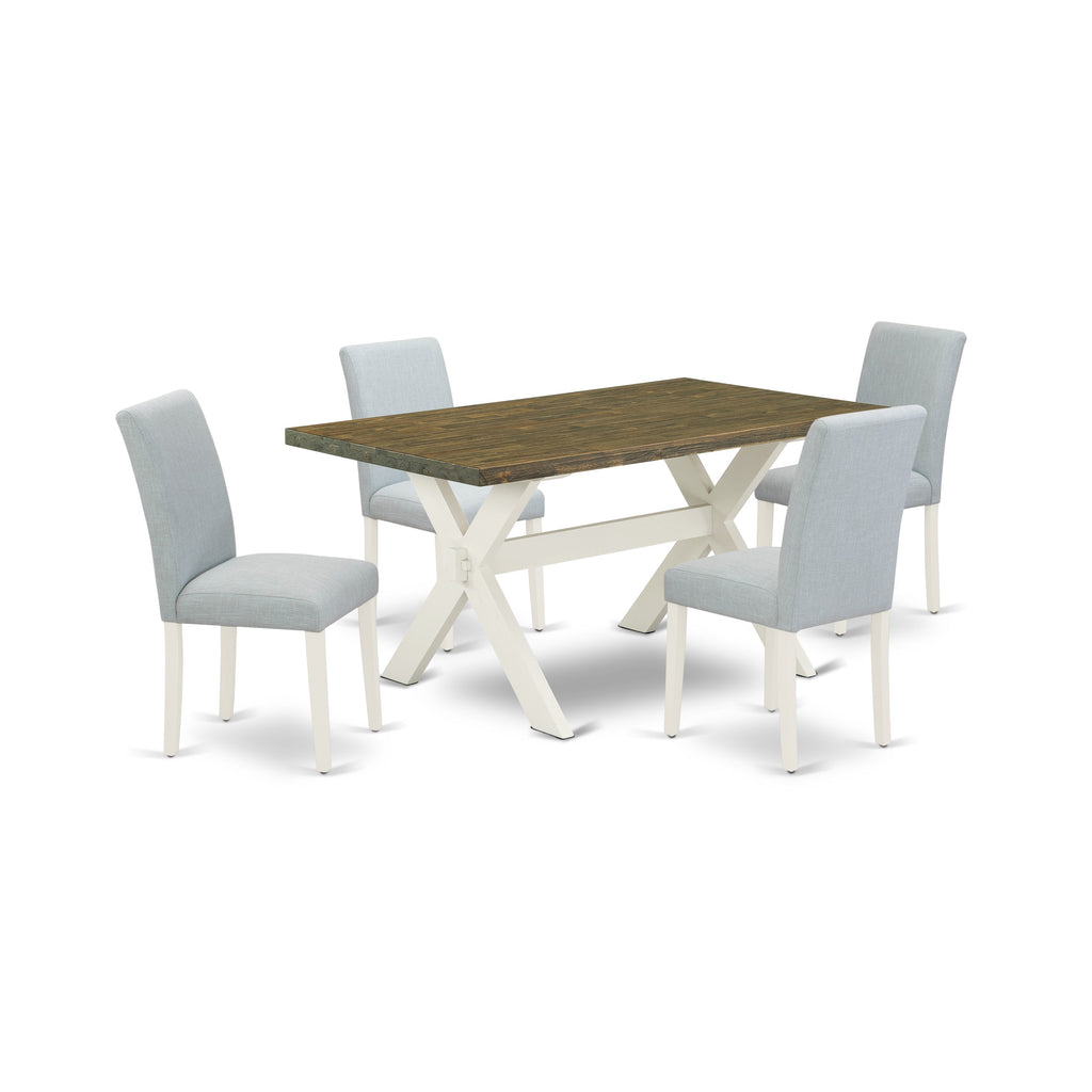 East West Furniture X076AB015-5 5 Piece Modern Dining Table Set Includes a Rectangle Wooden Table with X-Legs and 4 Baby Blue Linen Fabric Parsons Dining Chairs