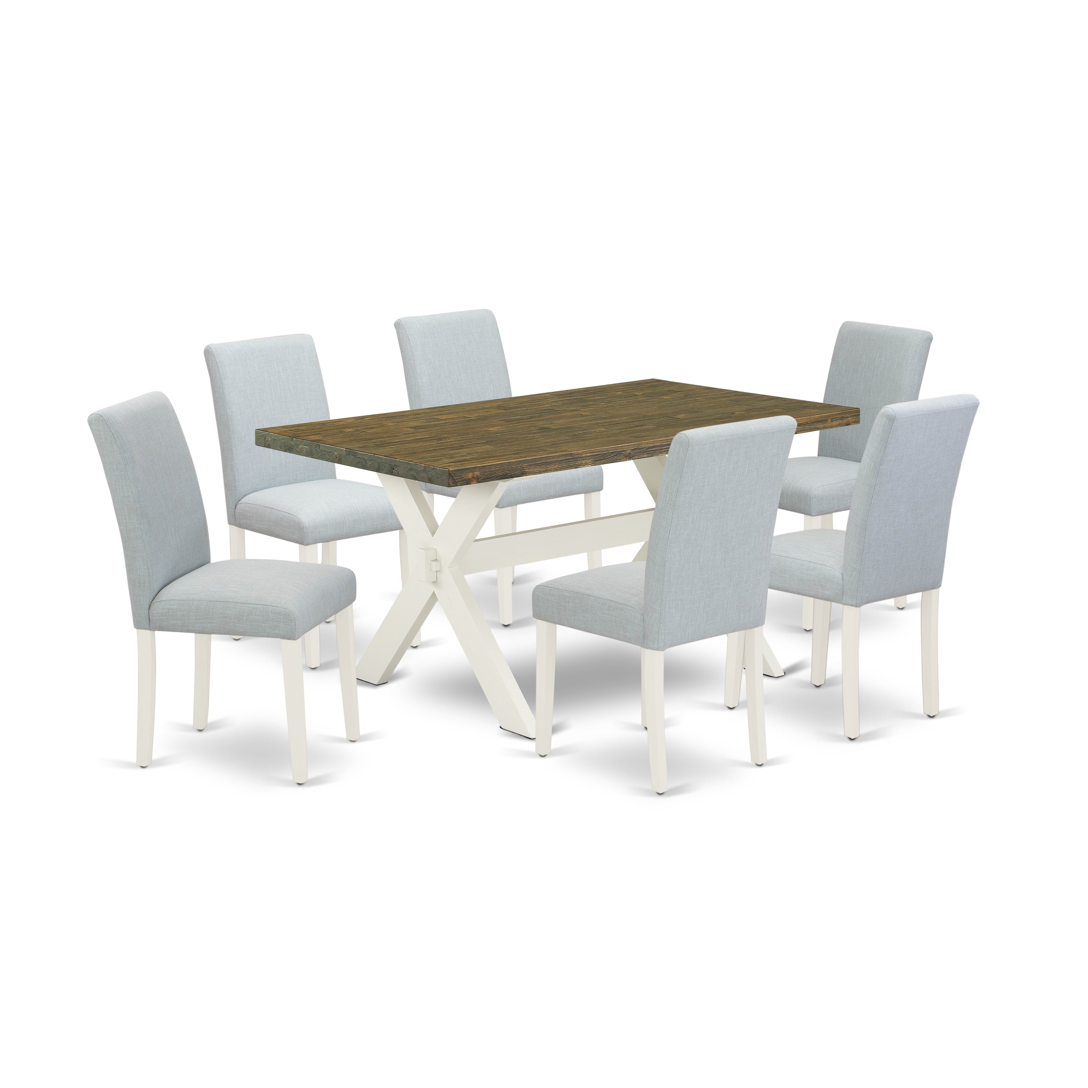 Juego de mesa de cocina de 7 piezas East West Furniture X076AB015-7 compuesto por una mesa de comedor rectangular con patas en forma de X y 6 sillas de comedor Parson de tela de lino azul bebé.