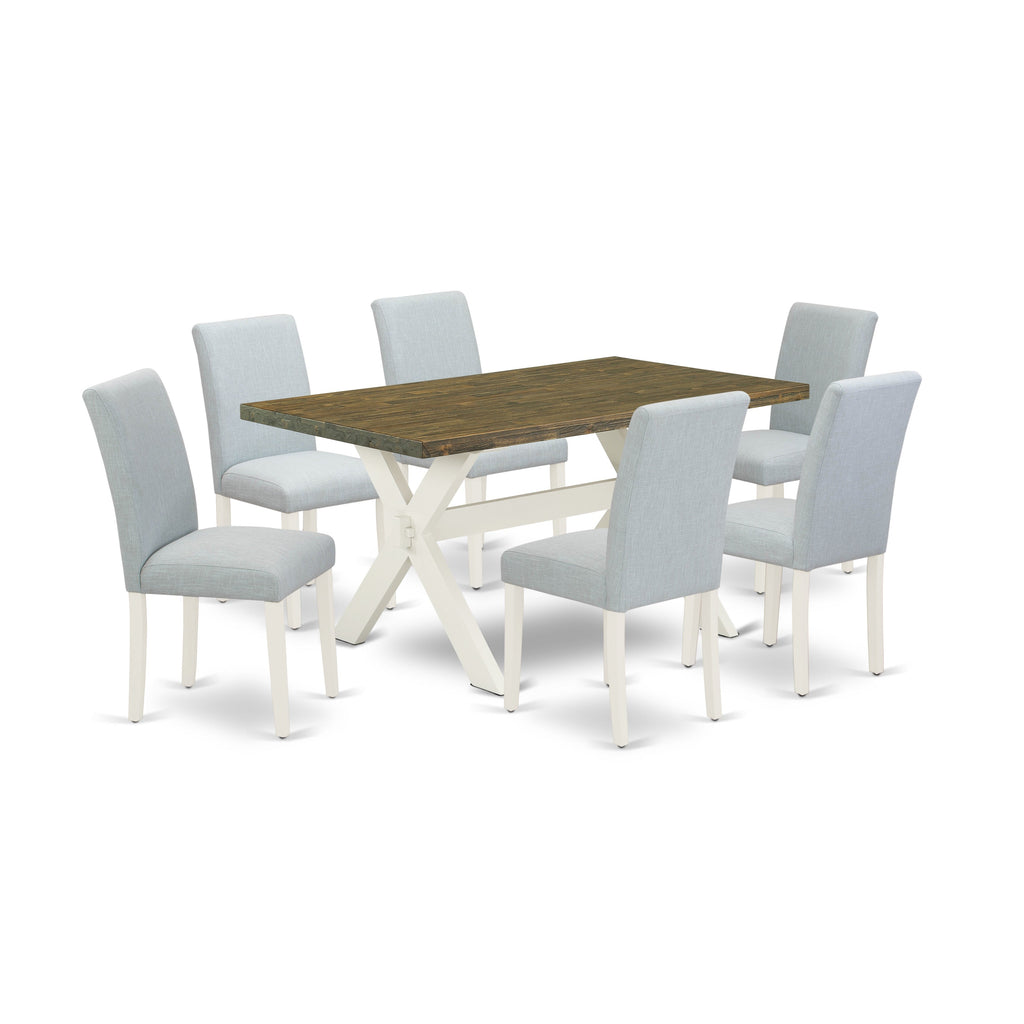 Juego de mesa de cocina de 7 piezas East West Furniture X076AB015-7 compuesto por una mesa de comedor rectangular con patas en forma de X y 6 sillas de comedor Parson de tela de lino azul bebé.