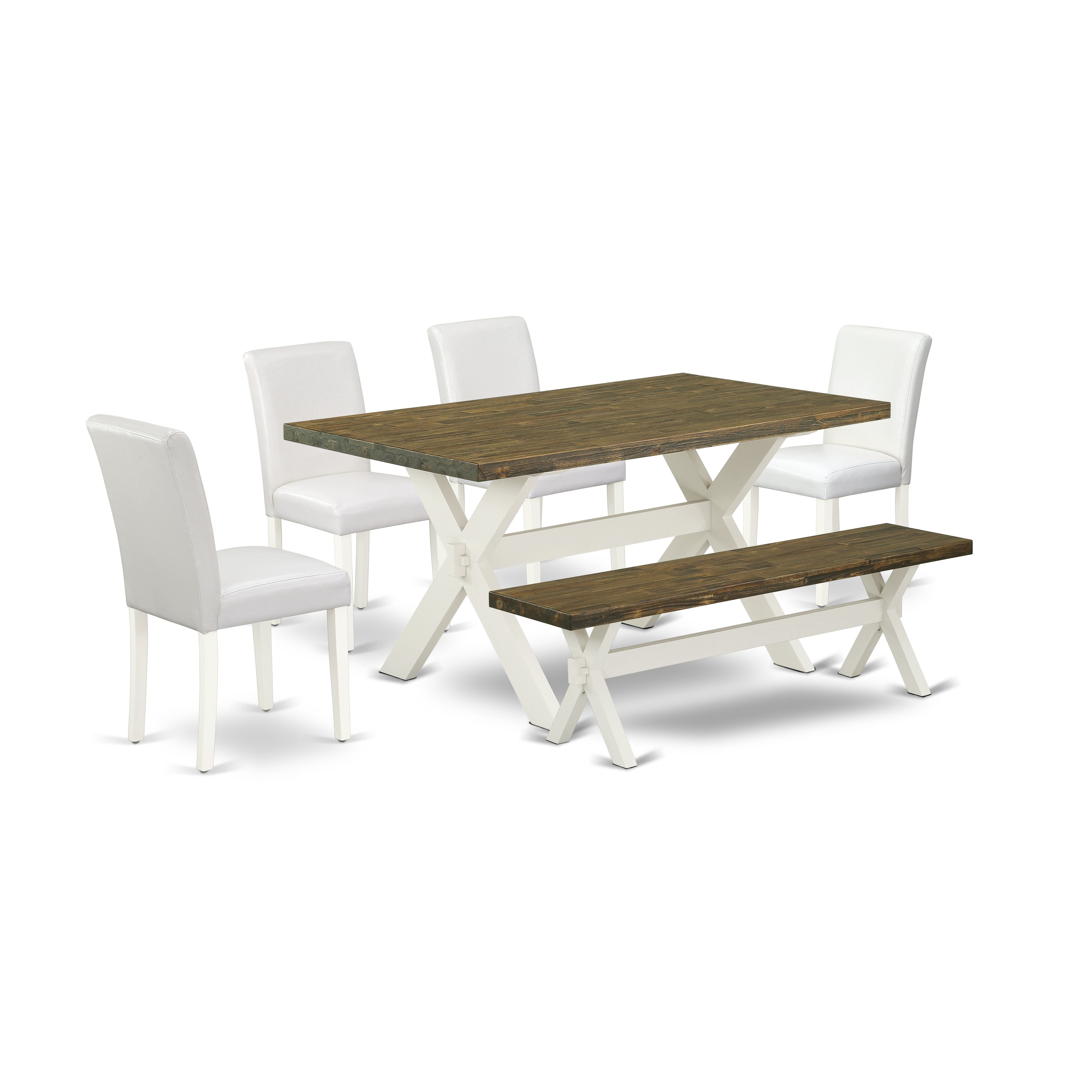 Juego de comedor de 6 piezas East West Furniture X076AB264-6. Contiene una mesa de comedor rectangular con patas en forma de X y 4 sillas tapizadas de piel sintética blanca con un banco.