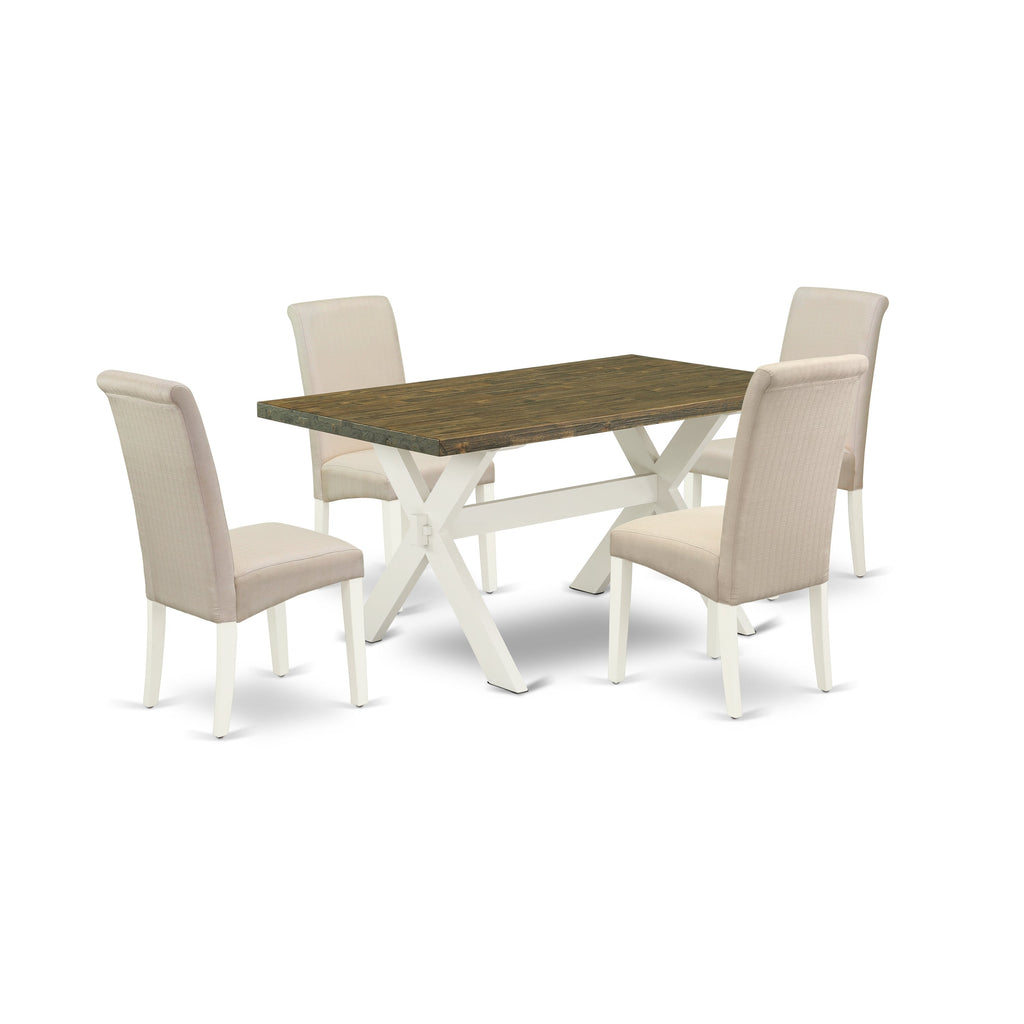 Juego de comedor de 5 piezas East West Furniture X076BA201-5. Incluye una mesa de comedor rectangular con patas en forma de X y 4 sillas Parson tapizadas en tela de lino color crema.