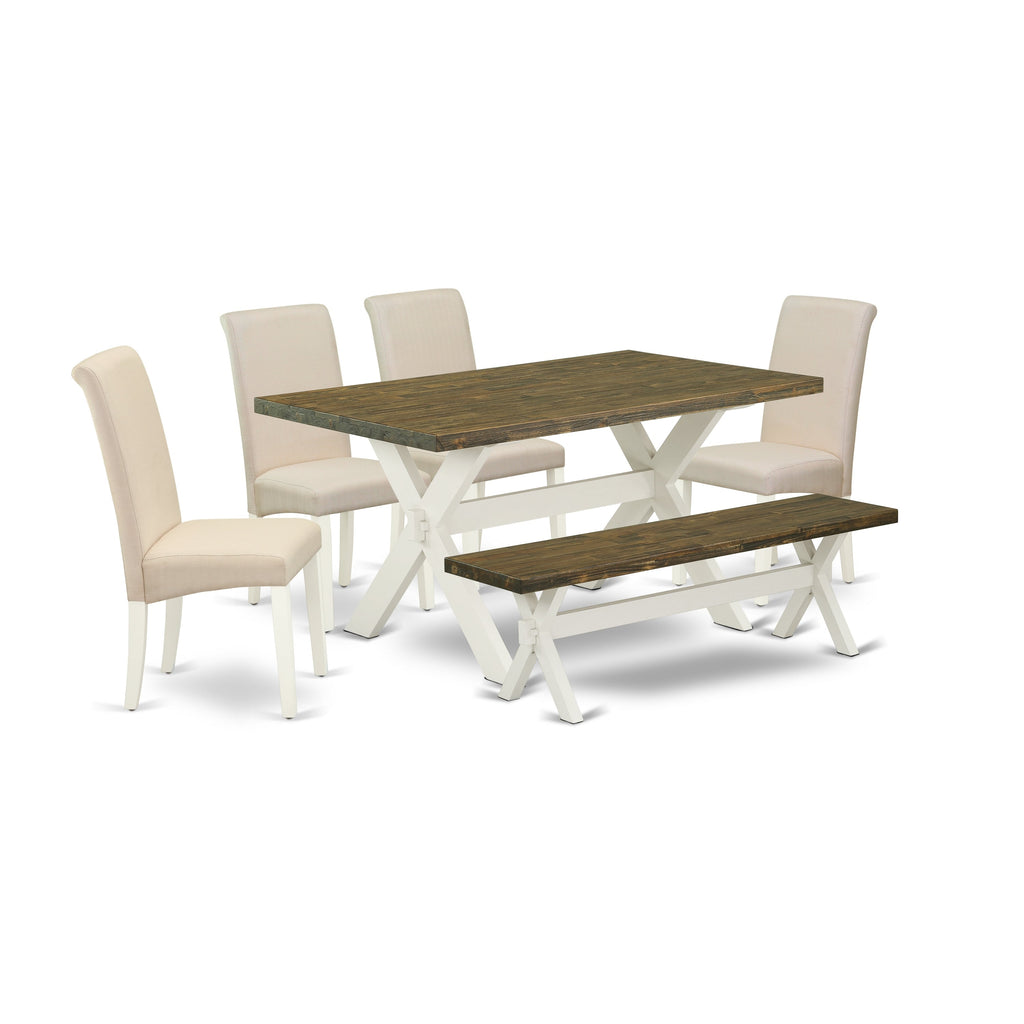 Juego de mesa de comedor moderna de 6 piezas East West Furniture X076BA201-6. Contiene una mesa rectangular de madera con patas en forma de X y 4 sillas Parson de tela de lino color crema con un banco.