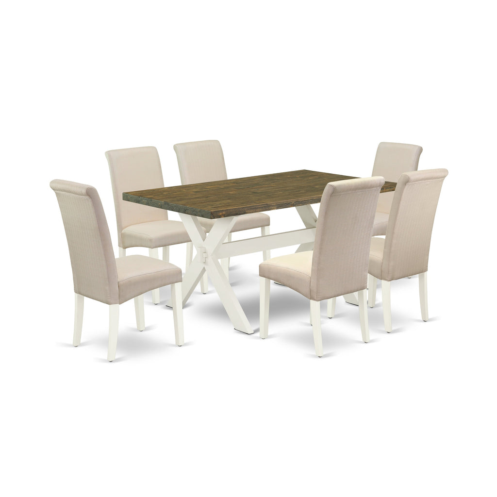 Juego de mesa de comedor moderno East West Furniture X076BA201-7 de 7 piezas compuesto por una mesa rectangular de madera con patas en forma de X y 6 sillas Parson tapizadas en tela de lino color crema.