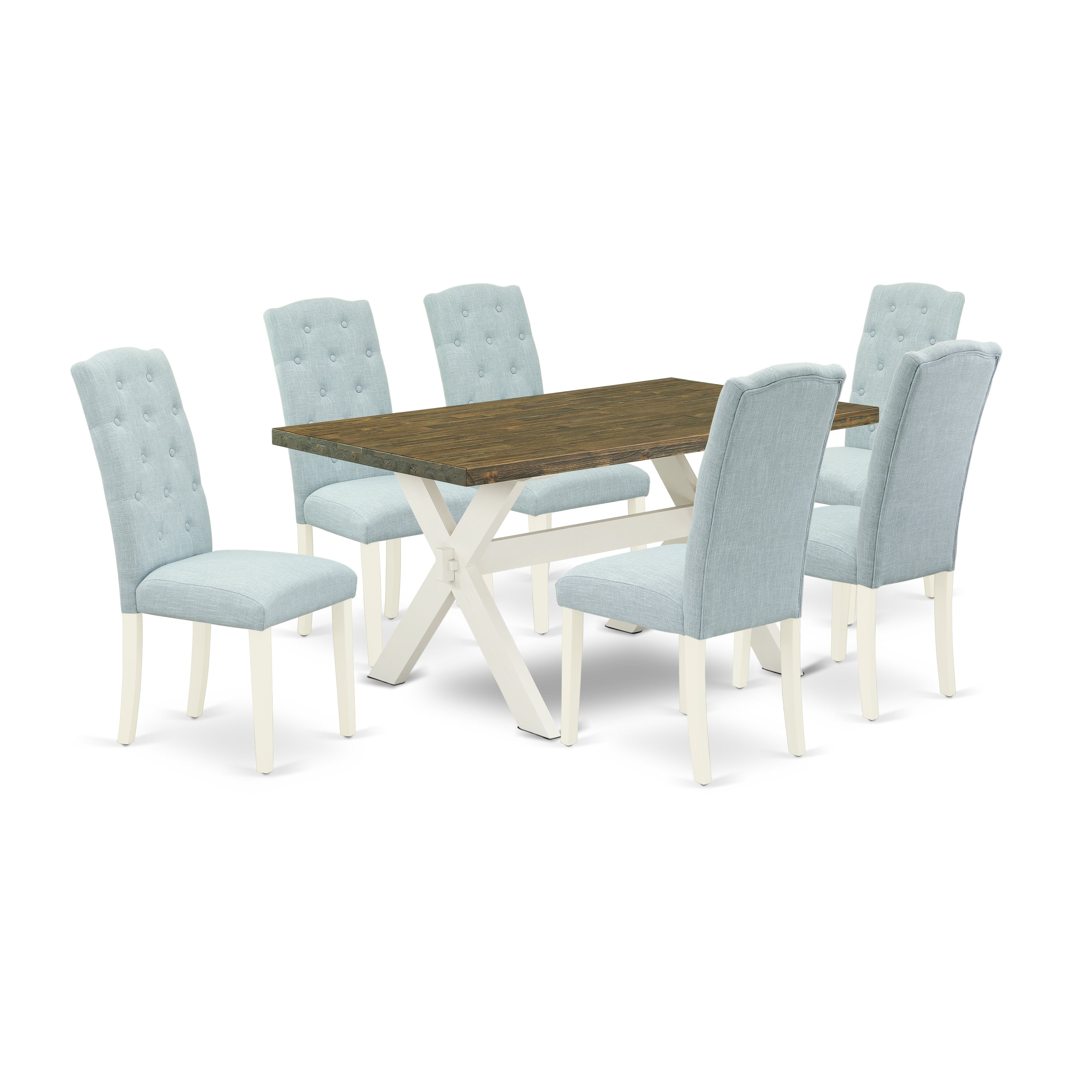 East West Furniture 7-Pc Modern Dining Set- 6 Parson Chairs with Baby Blue Linen Fabric Seat and Button Tufted Chair Back - Rectangular Table top & Wooden Cross Legs - Distressed Jacobean and linen white Finish