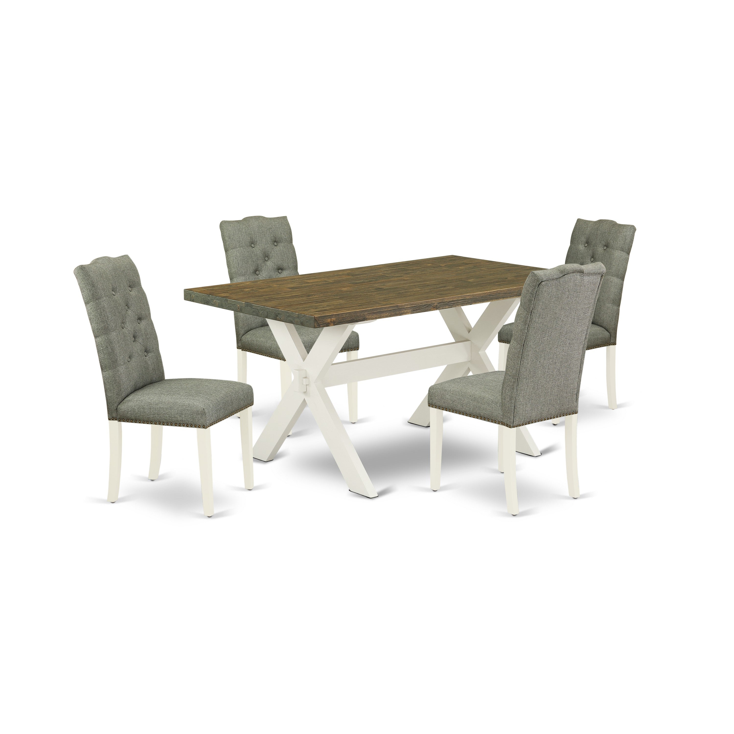 East West Furniture X076EL207-5 5-Pc Dining Table Set- 4 Dining Padded Chairs with Smoke Linen Fabric Seat and Button Tufted Chair Back � Kitchen Dining Table (Distressed Jacobean Finish)