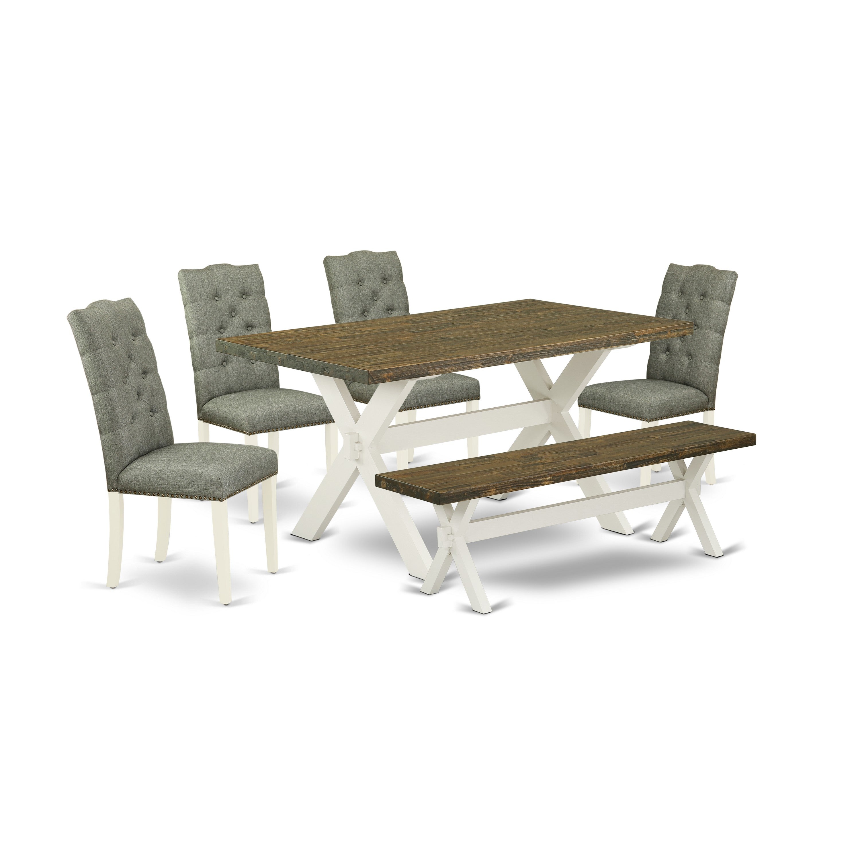 East West Furniture 6-Pc Dining Table Set- 4 dining room chairs with Smoke Linen Fabric Seat and Button Tufted Chair Back - Rectangular top & Wooden Cross Legs Modern Dining Table and Dining Bench - Distressed Jacobean and linen white Finish