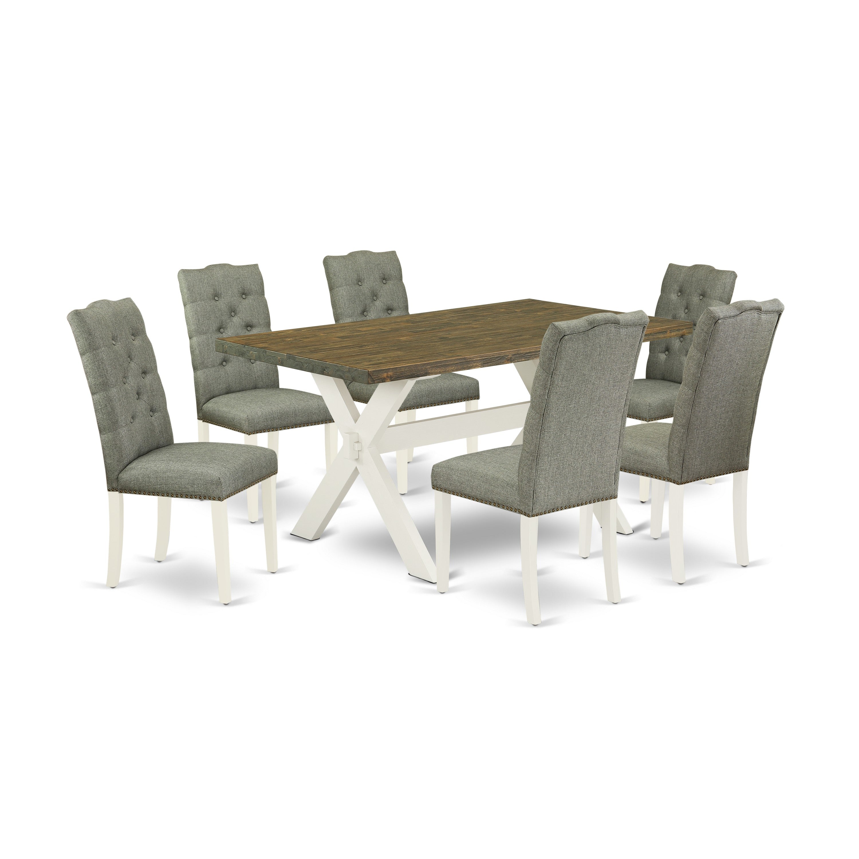 East West Furniture 7-Piece Modern Dining Table Set- 6 Parson Dining Chairs with Smoke Linen Fabric Seat and Button Tufted Chair Back - Rectangular Table top & Wooden Cross Legs - Distressed Jacobean and linen white Finish