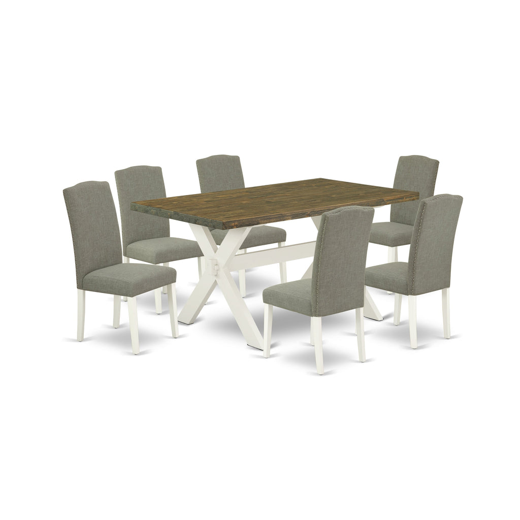 Juego de mesa de comedor moderna de 7 piezas East West Furniture X076EN206-7 compuesto por una mesa rectangular de madera con patas en forma de X y 6 sillas Parson de tela de lino shitake oscuro.