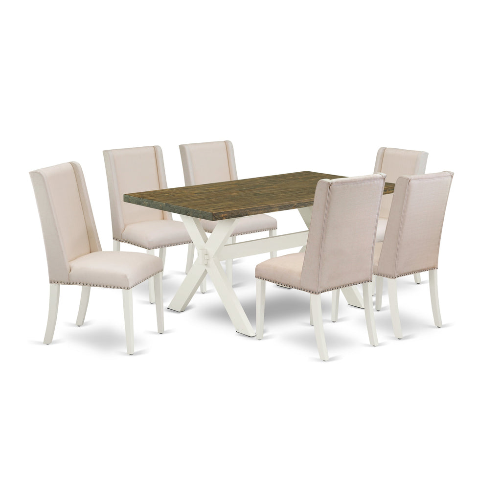 East West Furniture X076FL201-7 7 Piece Kitchen Table & Chairs Set Consist of a Rectangle Dining Room Table with X-Legs and 6 Cream Linen Fabric Parson Chairs, 36x60 Inch, Multi-Color