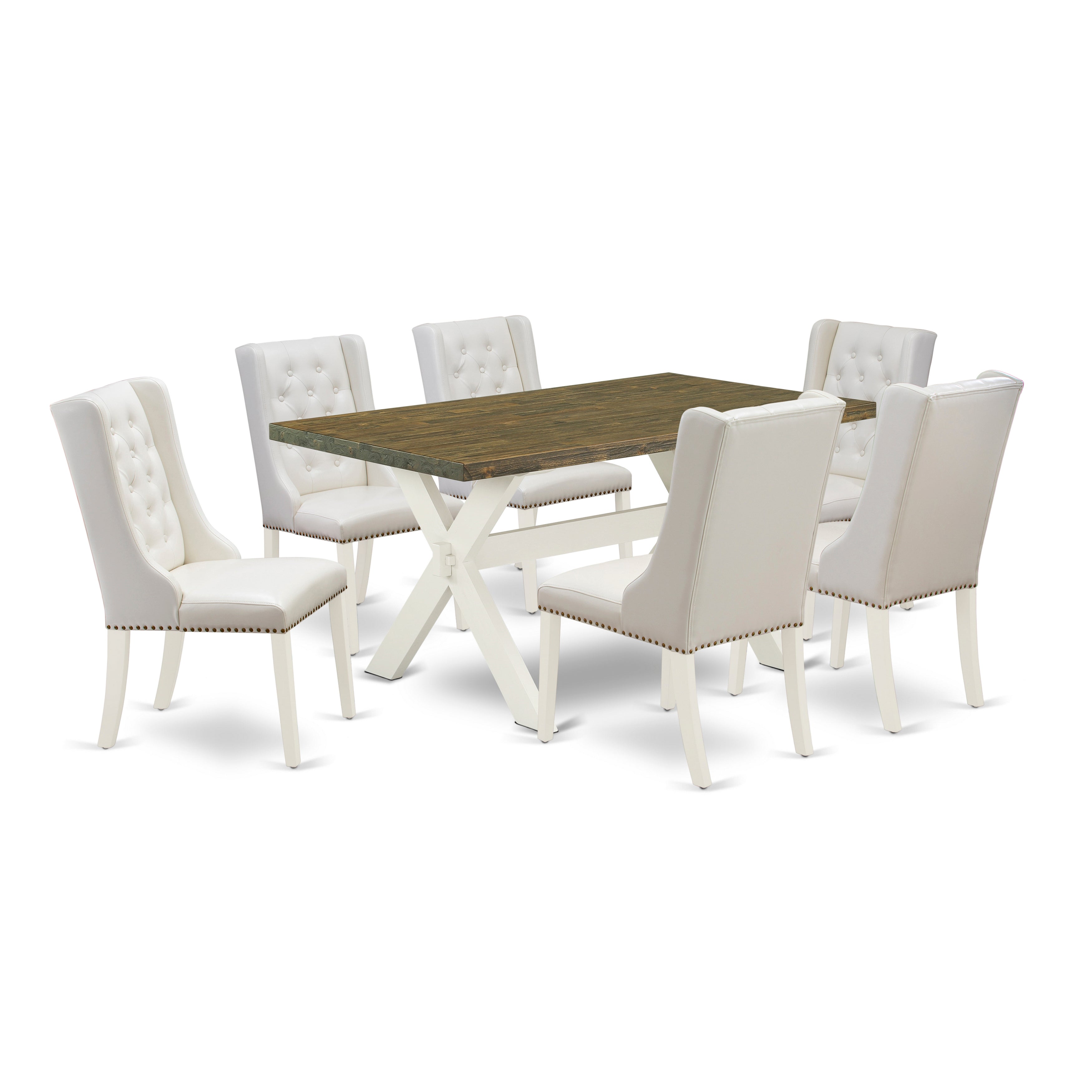 East West Furniture X076FO244-7 7-Pc Dining Set Includes 6 Linen white Pu faux Leather Upholstered Dining Chair Button Tufted with Nailheads and Rectangular Dining Table - linen white Finish