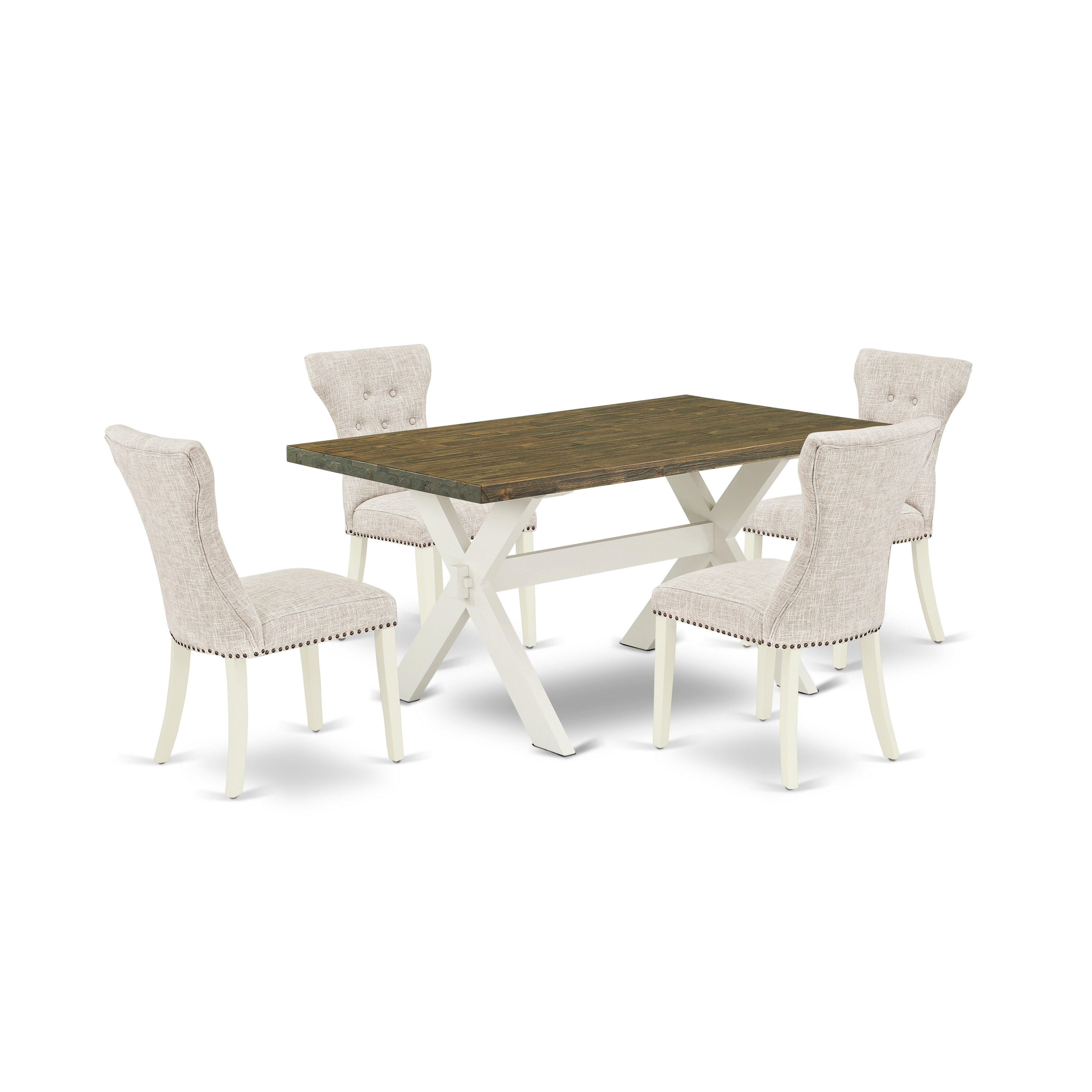 East West Furniture X076GA235-5 5-Piece Dining room Table SetIncluded 4 Kitchen Dining chairs Upholstered Nails Head Seat and High Button Tufted Chair Back and Rectangular Dinette Table with Distressed Jacobean Dinette Table top (linen white Finish)