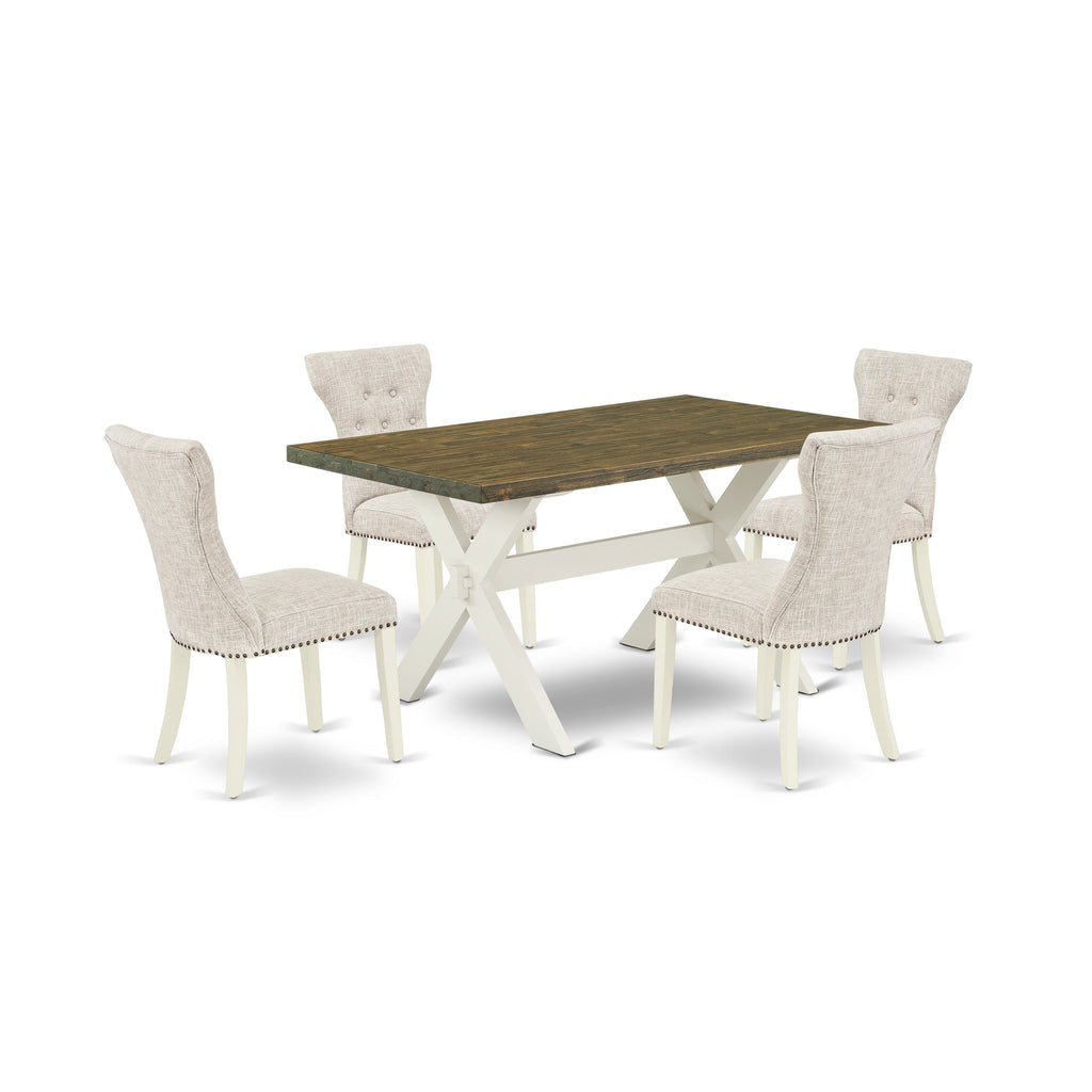 East West Furniture X076GA235-5 5 Piece Dining Room Table Set Includes a Rectangle Kitchen Table with X-Legs and 4 Doeskin Linen Fabric Parsons Dining Chairs, 36x60 Inch, Multi-Color