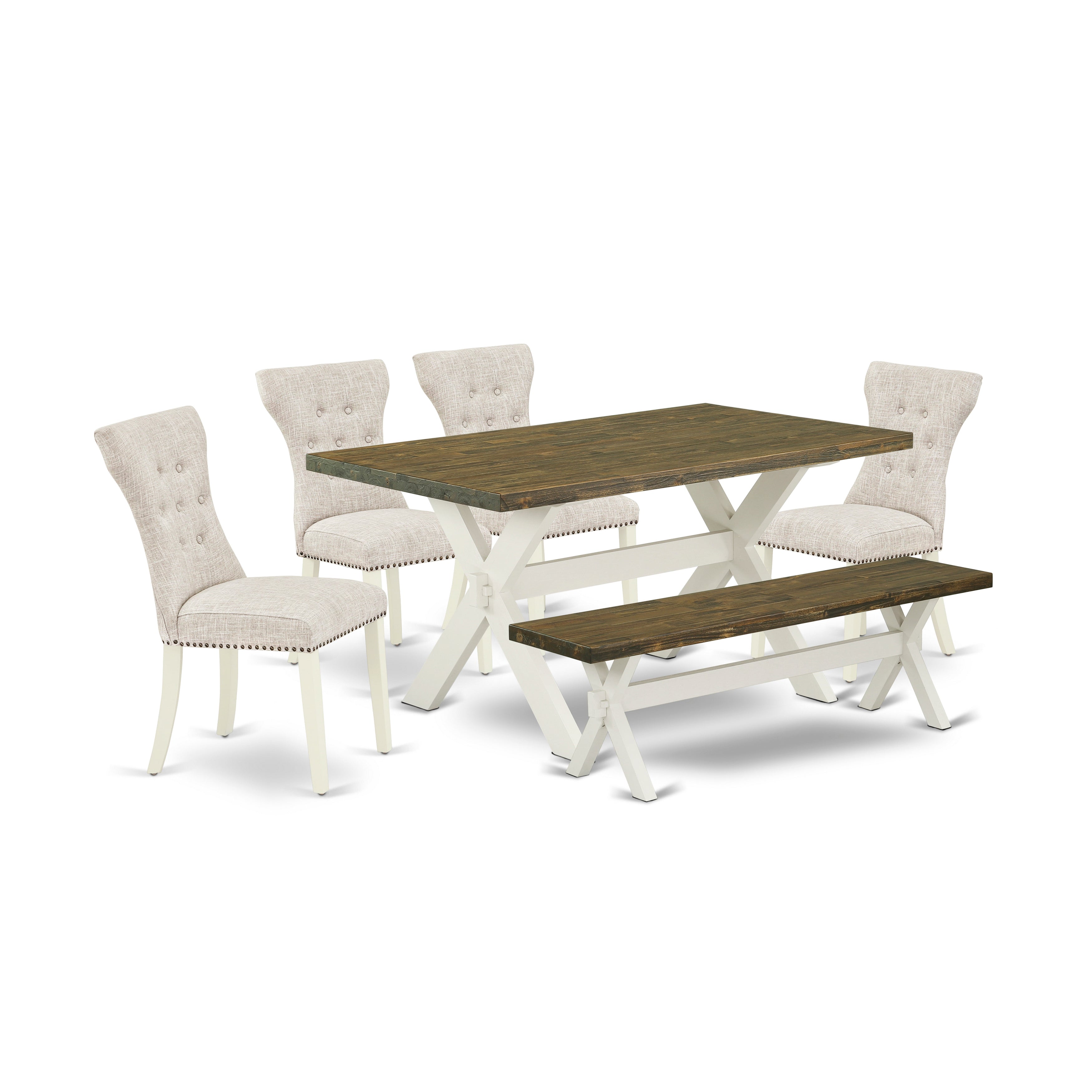 East West Furniture X076GA235-6 6-Piece dining table set-Doeskin Linen Fabric Seat and Button Tufted Chair Back Modern Dining chairs, A Rectangular Bench and Rectangular top Kitchen Table with Wooden Legs - Distressed Jacobean and linen white Finish