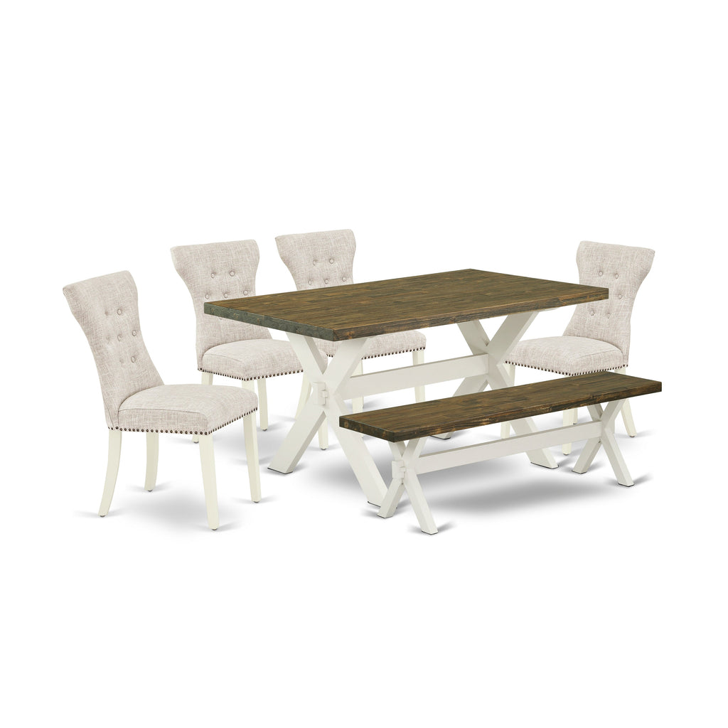 East West Furniture X076GA235-6 6 Piece Dining Table Set Contains a Rectangle Dining Room Table with X-Legs and 4 Doeskin Linen Fabric Parson Chairs with a Bench