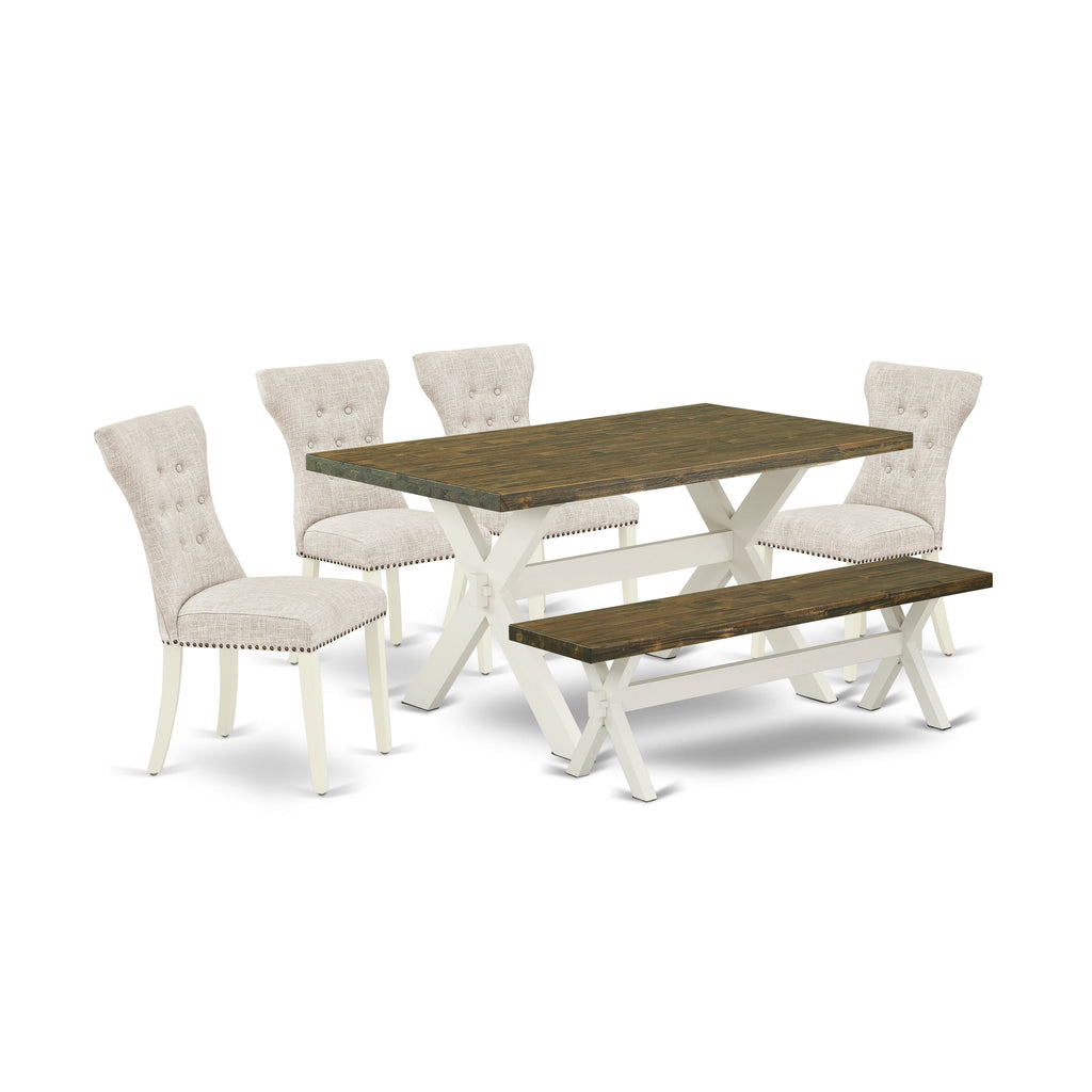 East West Furniture X076GA235-6 6 Piece Dining Table Set Contains a Rectangle Dining Room Table with X-Legs and 4 Doeskin Linen Fabric Parson Chairs with a Bench, 36x60 Inch, Multi-Color
