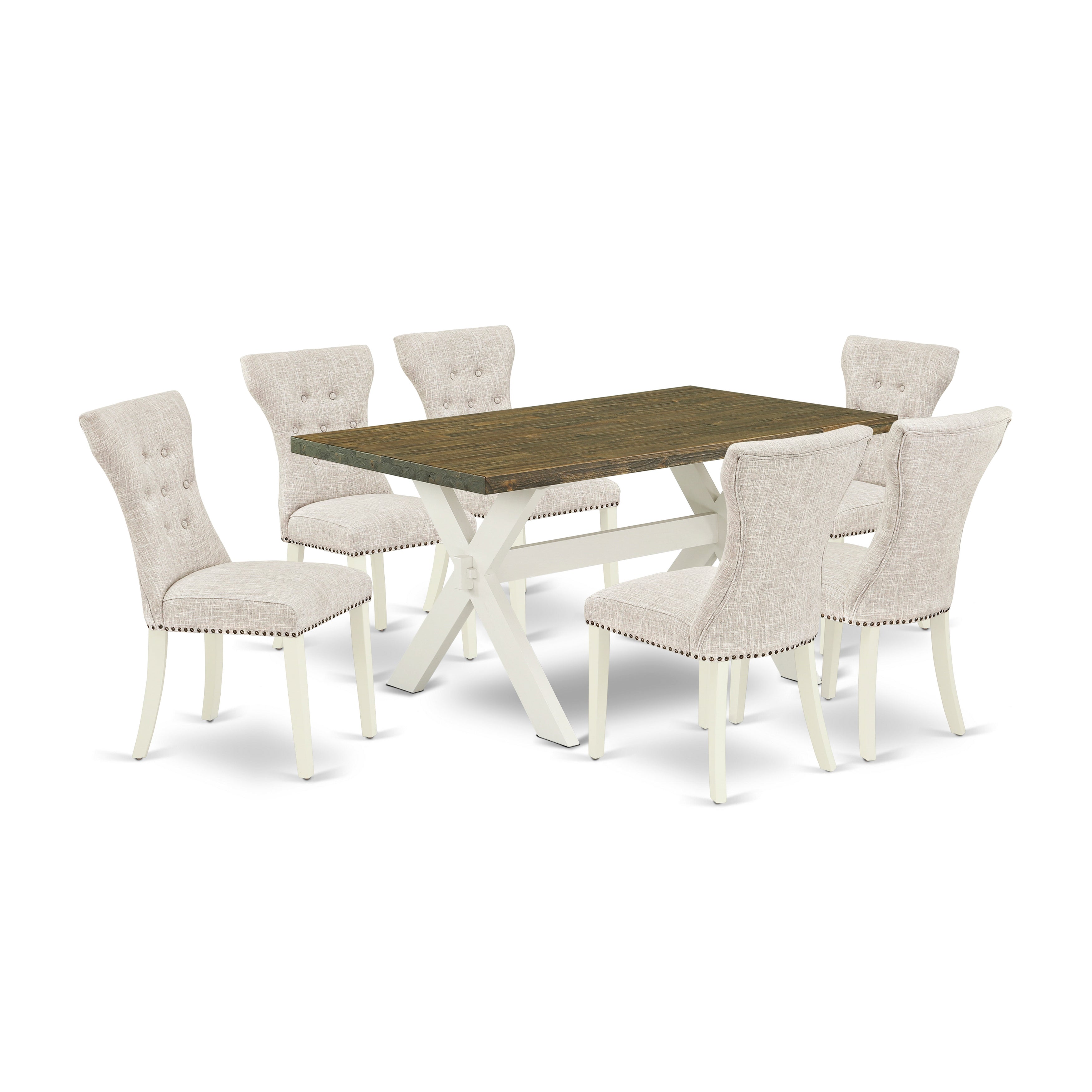 East West Furniture X076GA235-7 7-Piece rectangular dinette set a wonderful Distressed Jacobean modern dining table top and 6 Fantastic parson�s chairs with Nail heads and Button Tufted, linen white Finish