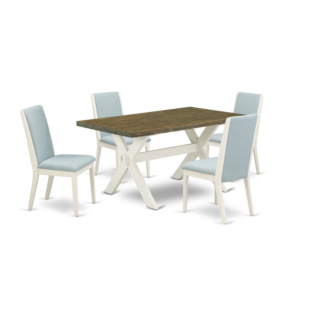 East West Furniture X076LA015-5 5 Piece Dining Room Table Set Includes a Rectangle Kitchen Table with X-Legs and 4 Baby Blue Linen Fabric Parson Dining Chairs, 36x60 Inch, Multi-Color