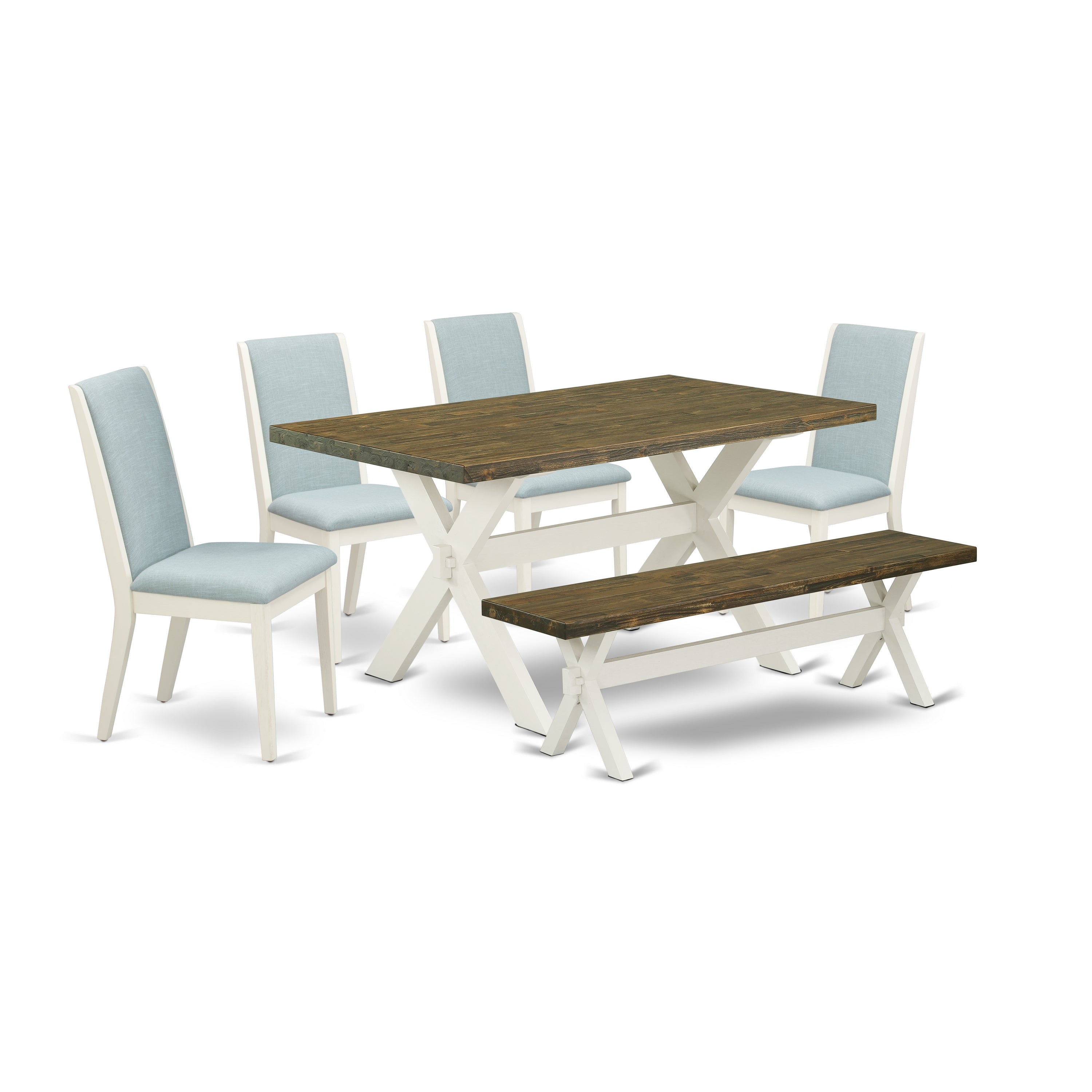East West Furniture X076LA015-6 6Pc Dining Table Set Offers a Kitchen Table, 4 Parson Dining Chairs with Baby Blue Color Linen Fabric and a Bench, Medium Size Table with Full Back Chairs, Wirebrushed Linen White and Distressed Jacobean Finish