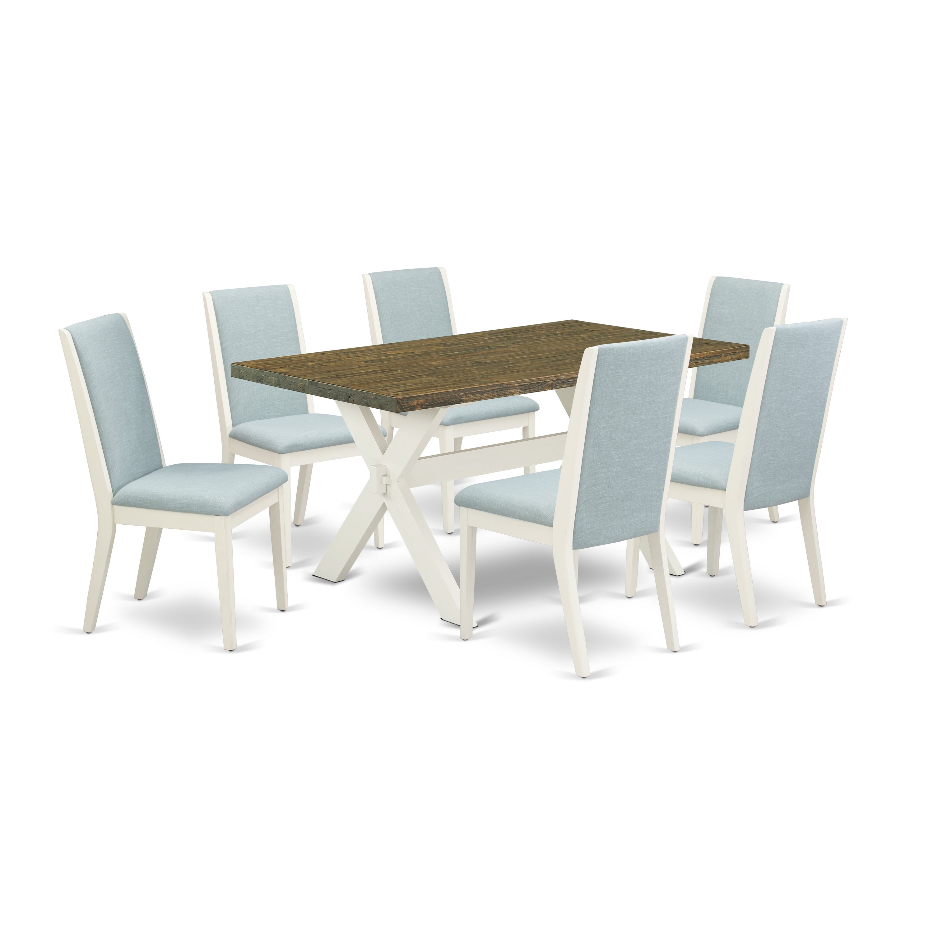 East West Furniture X076LA015-7 7Pc Dining Room Table Set Consists of a Rectangle Table and 6 Upholstered Dining Chairs with Baby Blue Color Linen Fabric, Medium Size Table with Full Back Chairs, Wirebrushed Linen White and Distressed Jacobean Finish