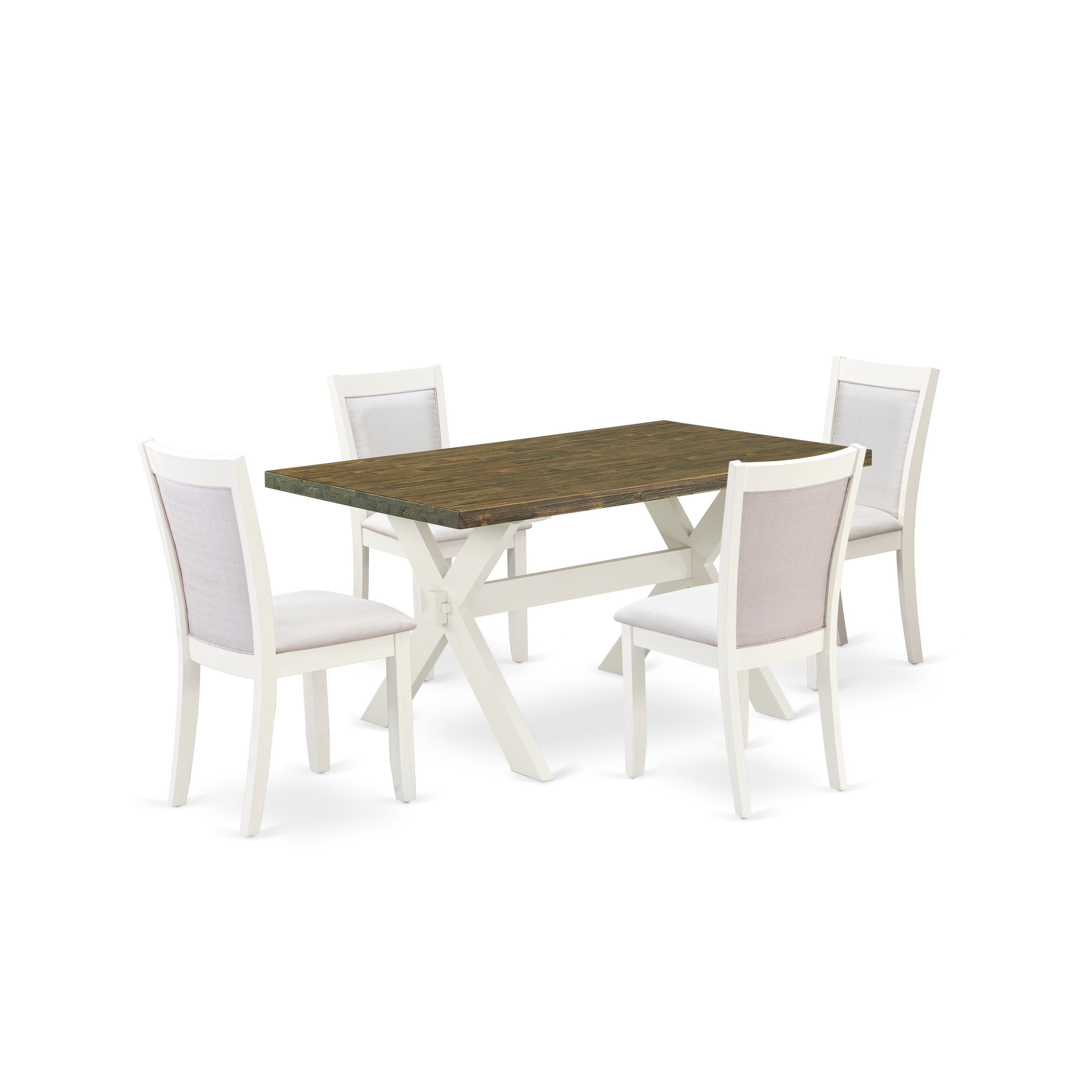 East West Furniture X076MZ001-5 5-Piece Dining Set Consists of a Wooden Table and 4 Cream Linen Fabric Dining Chairs with Stylish Back - Wire Brushed linen white Finish