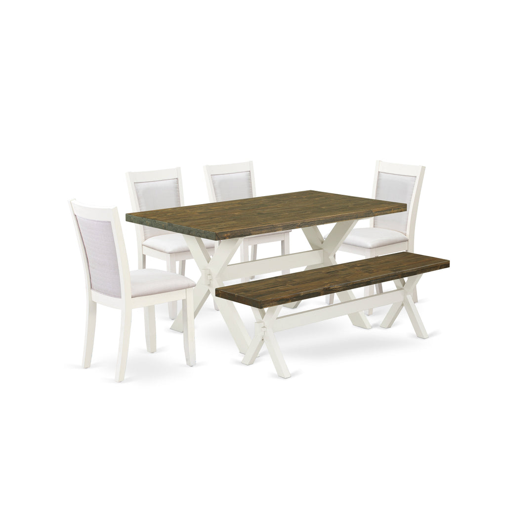 Juego de mesa de comedor de 6 piezas East West Furniture X076MZ001-6. Contiene una mesa de comedor rectangular con patas en forma de X y 4 sillas Parson de tela de lino color crema con un banco.