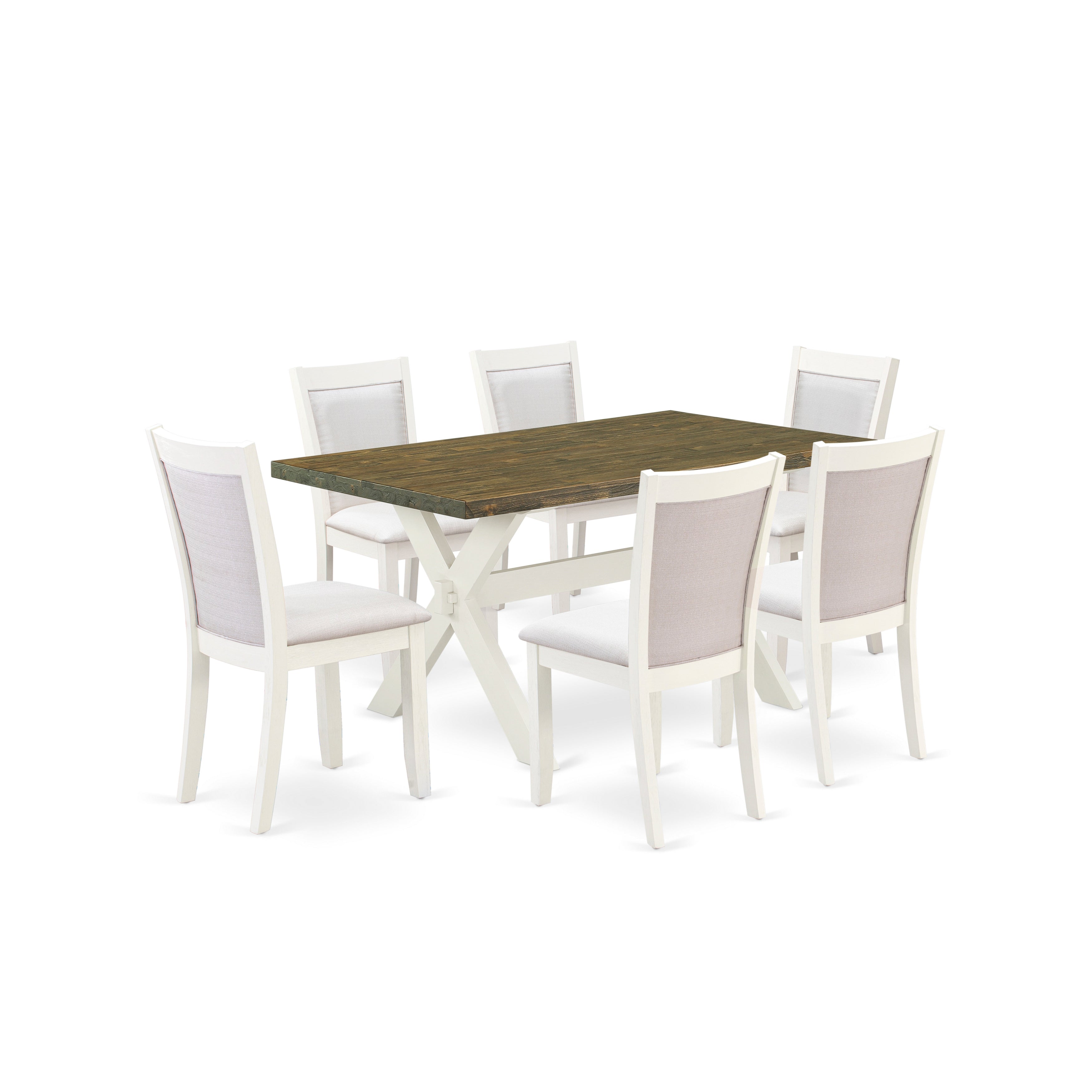 East West Furniture X076MZ001-7 7-Piece Modern Dining Table Set Consists of a Wooden Table and 6 Cream Linen Fabric Dining Chairs with Stylish Back - Wire Brushed linen white Finish
