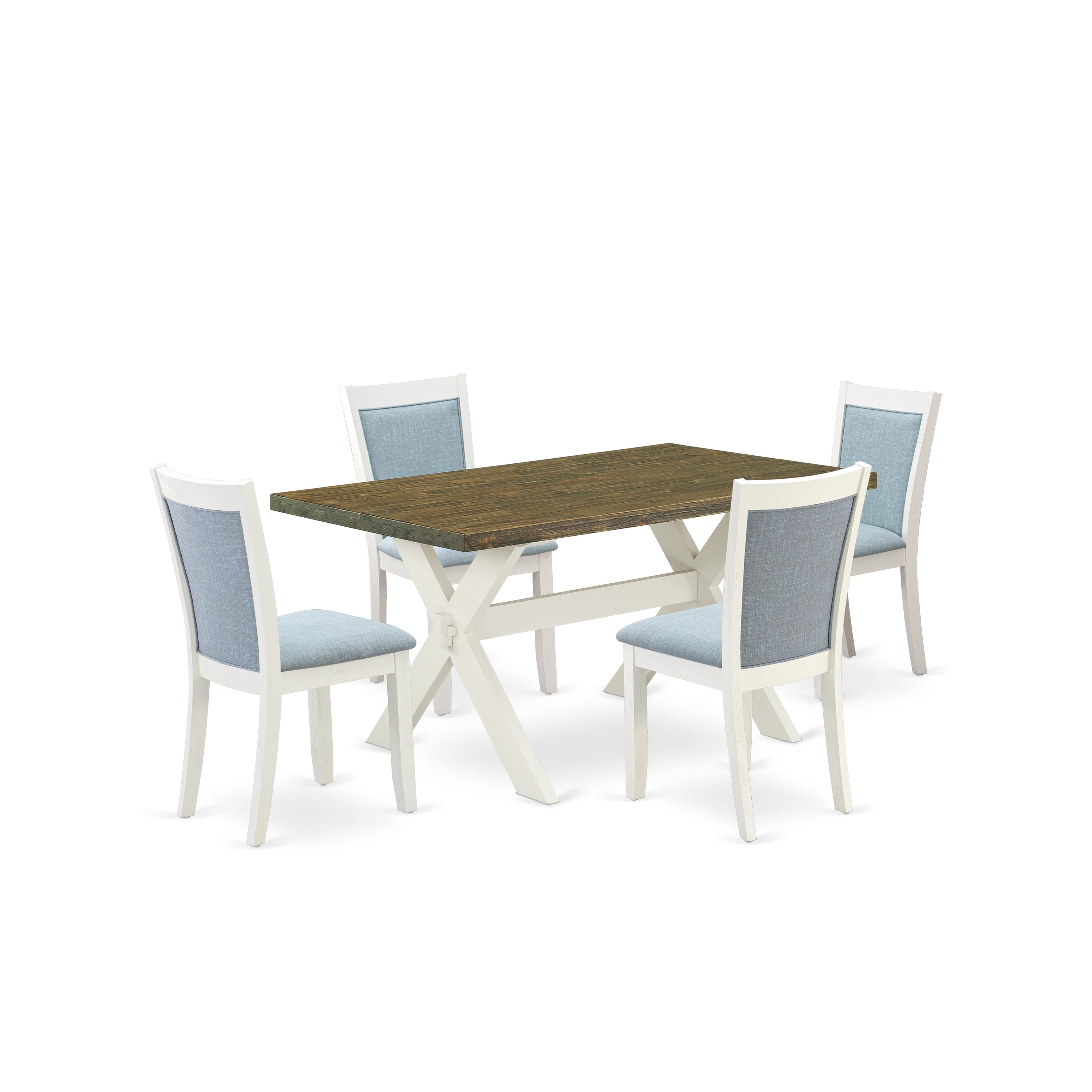 East West Furniture X076MZ015-5 5-Piece Dining Table Set Consists of a Wood Table and 4 Baby Blue Linen Fabric Upholstered Chairs with Stylish Back - Wire Brushed linen white Finish
