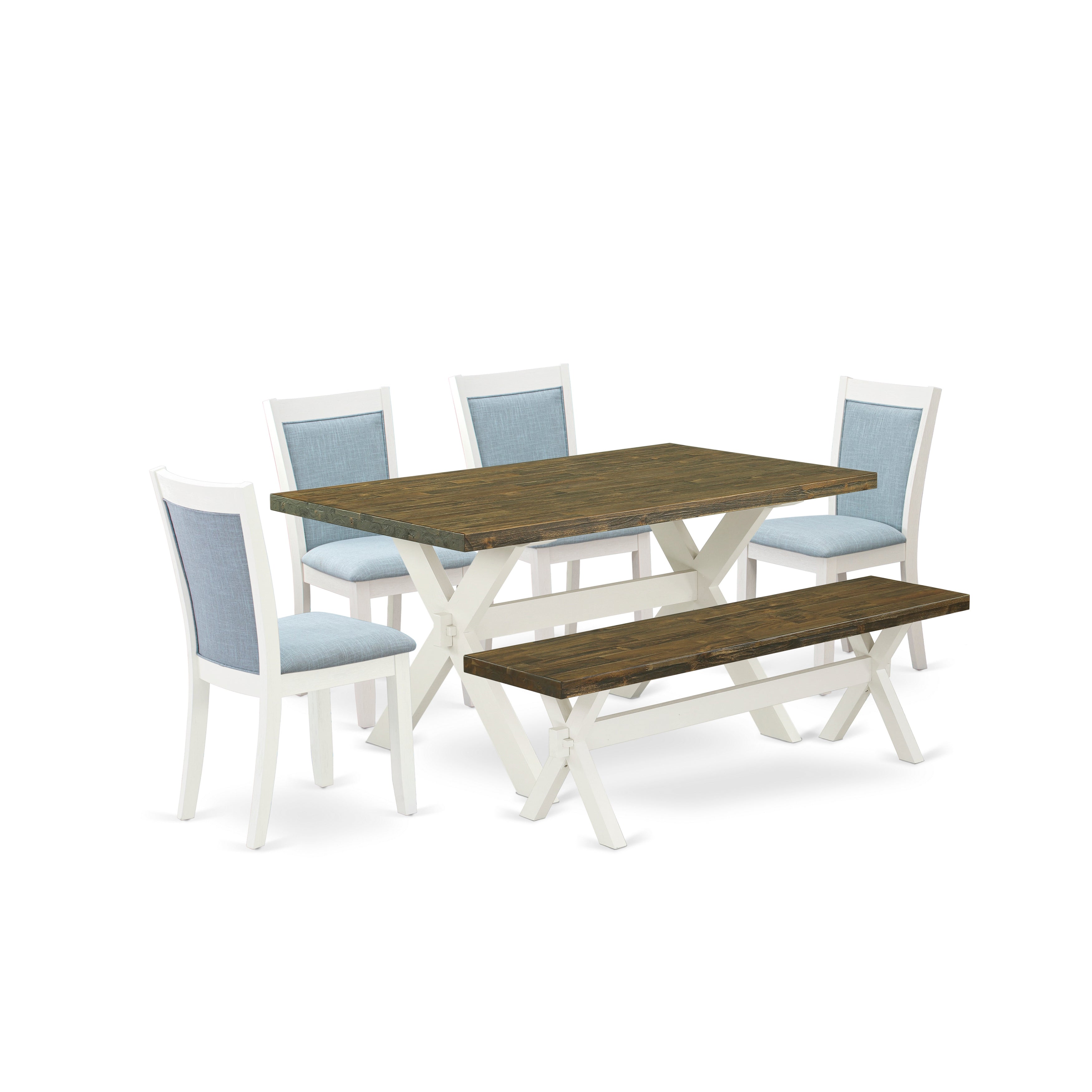 East West Furniture X076MZ015-6 6-Piece Dining Table Set Consists of a Dinning Table - 4 Baby Blue Linen Fabric Padded Chairs with Stylish Back and a Small Bench - Wire Brushed linen white Finish
